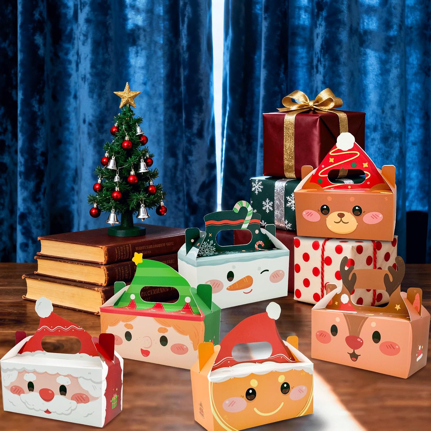yunhuatdm 24PCS Christmas Treat Boxes with Handle, Snowman Santa Elf Reindeer Bear Candy Cookie Goodie Gift Party Favor Boxes for Christmas Winter Holiday Party Decorations Supplies, 6 Designs