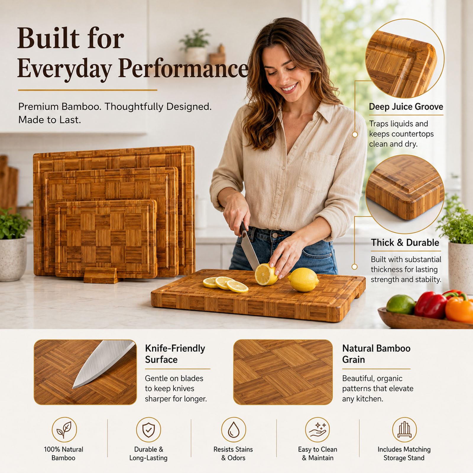 Tabla De Cortar De Bambú, Conjunto De 3 Tablas De Cocina Madera, Tabla Cortar Bambú Gruesa con Soporte Y Canal para Jugos, Tabla para Cortar, Preparar Carne, Fruta Y Pan