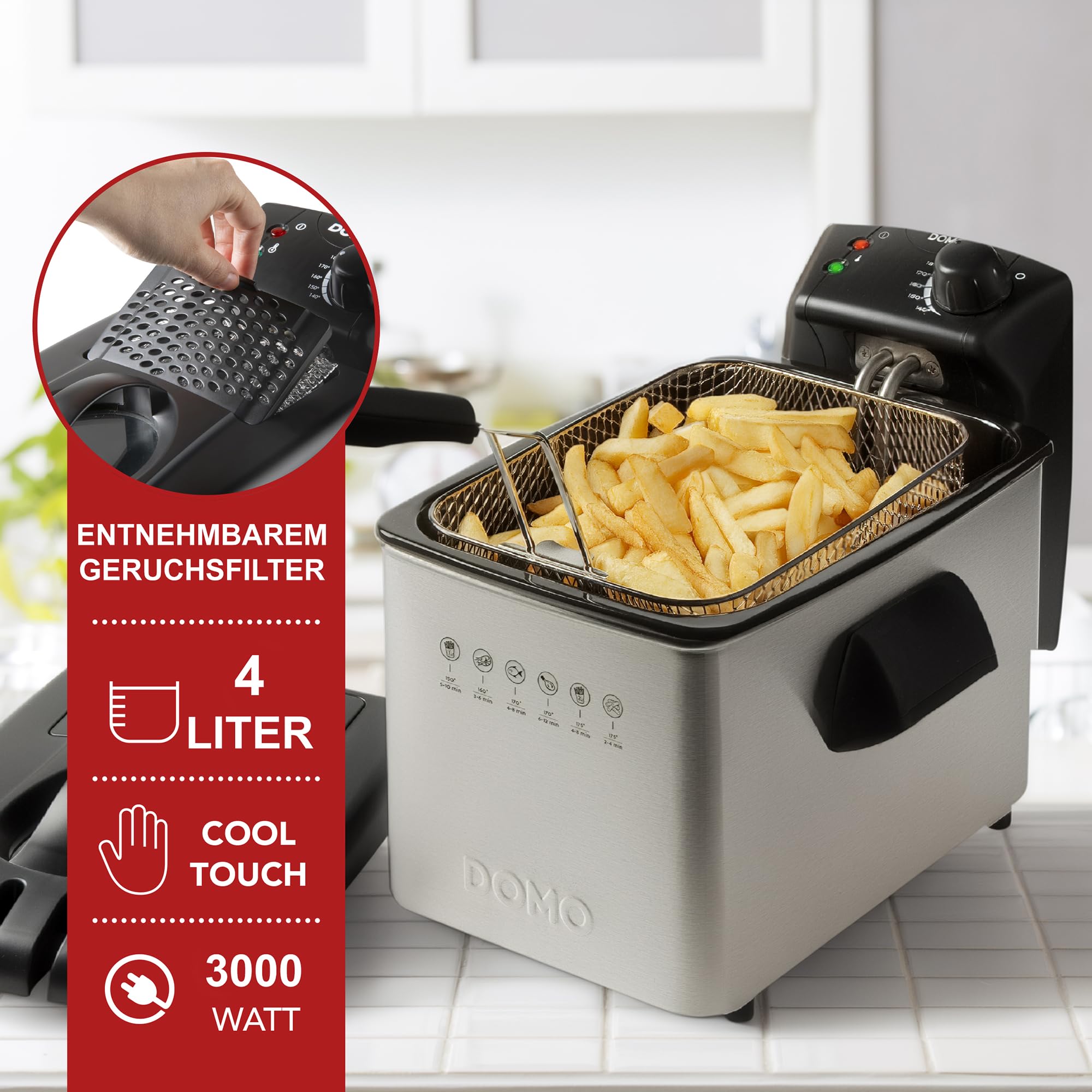 Domo Freidora de acero inoxidable DO465FR, 3000 W, 4 litros