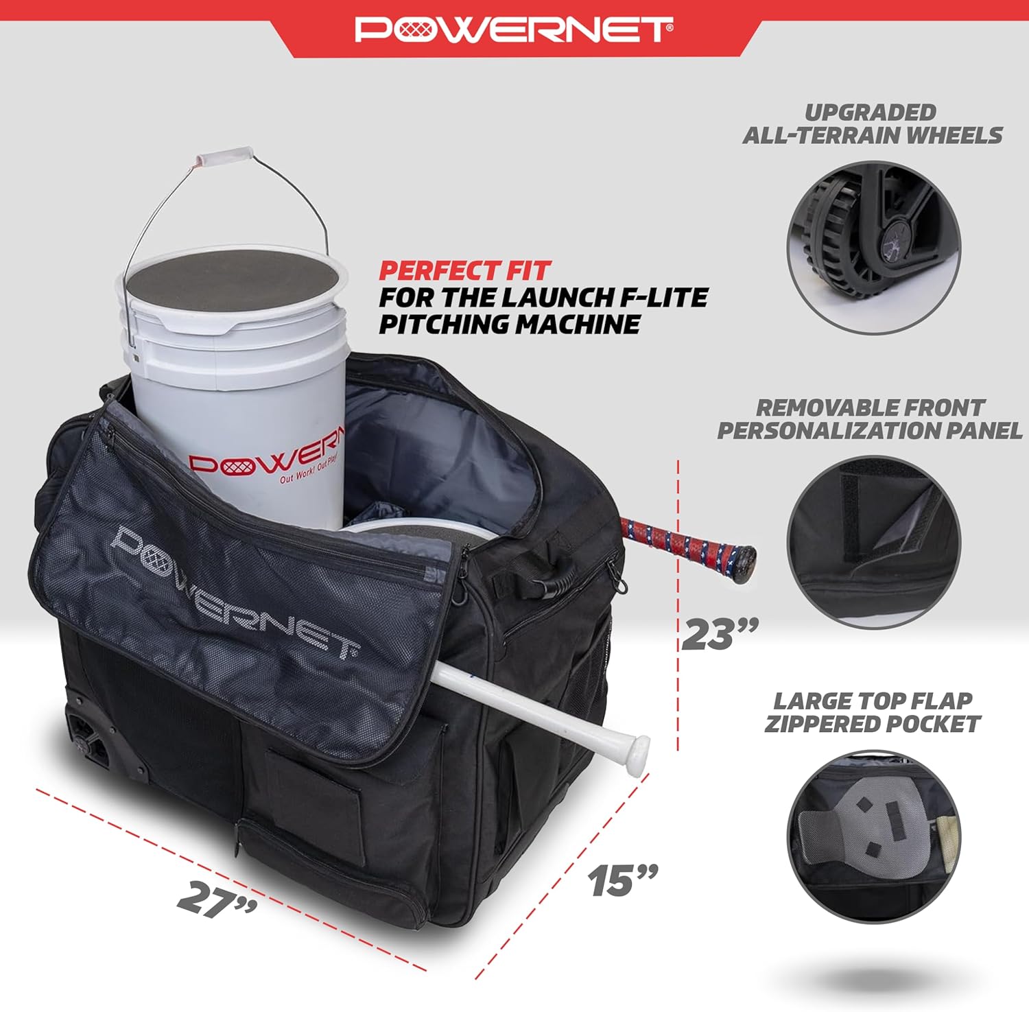 PowerNet Rolling Bucket Bag, Holds 2 6-Gallon Bucket of Baseballs & Softballs, Storage Pockets for Baseball Bat, Gloves & Scoreboards, Fits Launch F-lite Pitching Machine & Balls