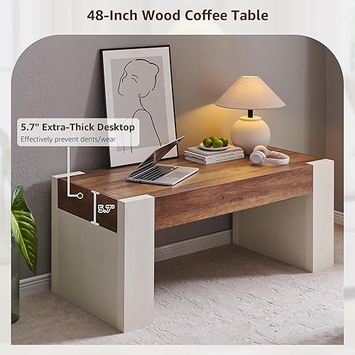 Miniatura 5 de OKD Mesa de café de 48" moderna estilo casa de campo, mesa de madera para sala de estar con cajón de almacenamiento oculto, mesas centrales