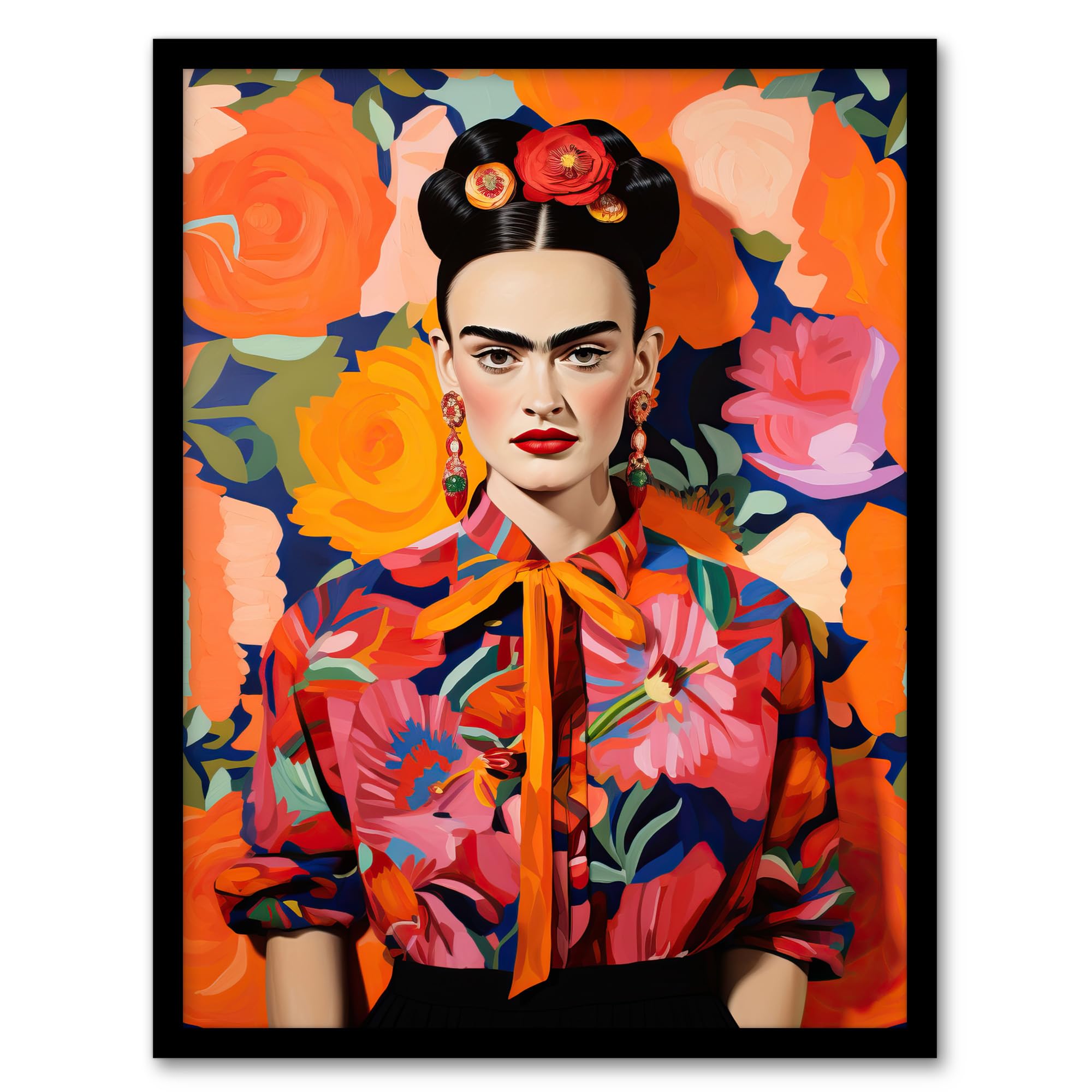 Wee Blue Coo Fierce Mexican Artist Woman Vibrant Oil Painting Orange Pink Blue Bold Floral Portrait Artwork Framed Wall Art Print 18X24 Inch