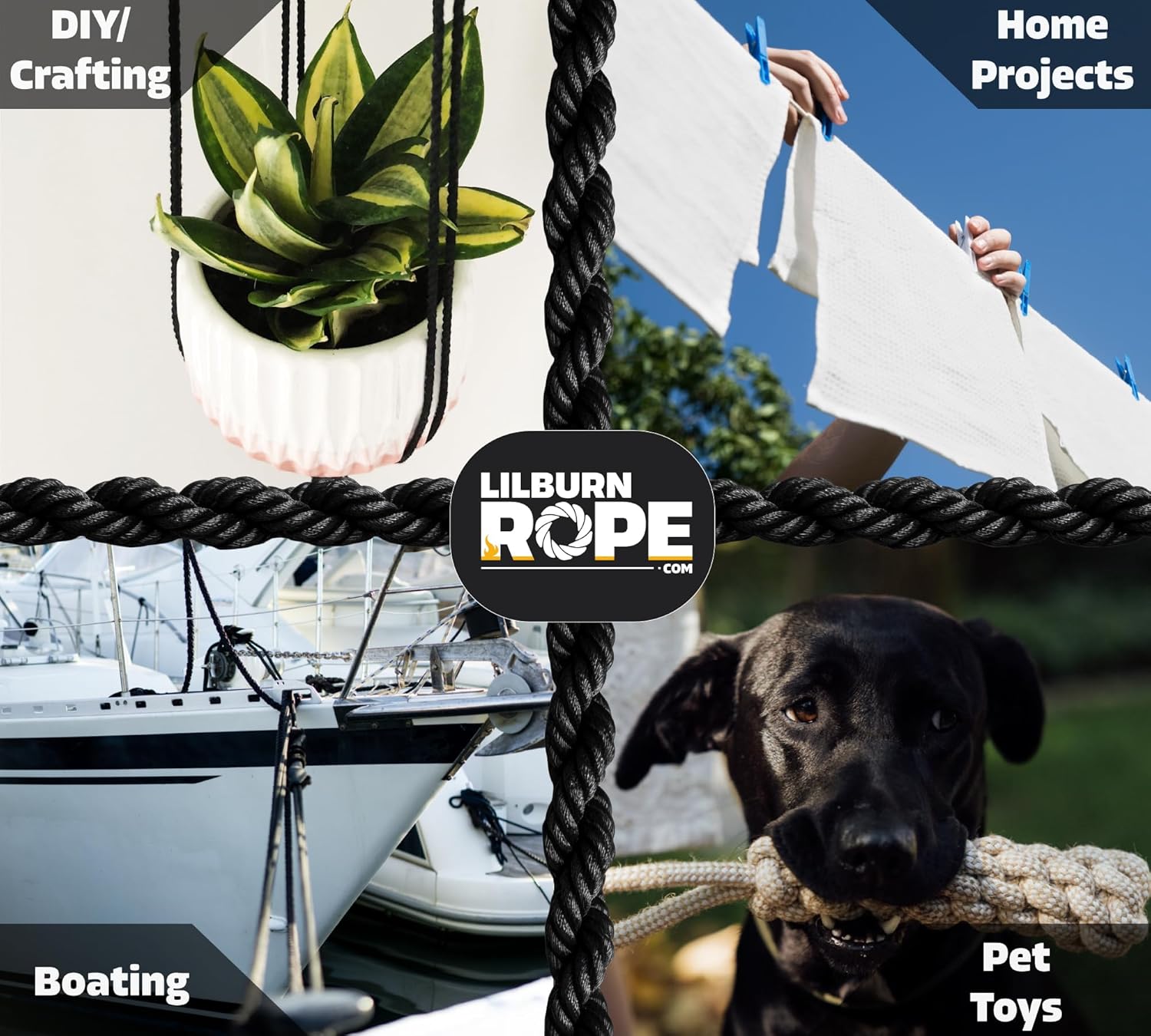 Lilburn Rope Solid Braid Polyester Rope, 1/2 inch, Black, 50 Foot Hank