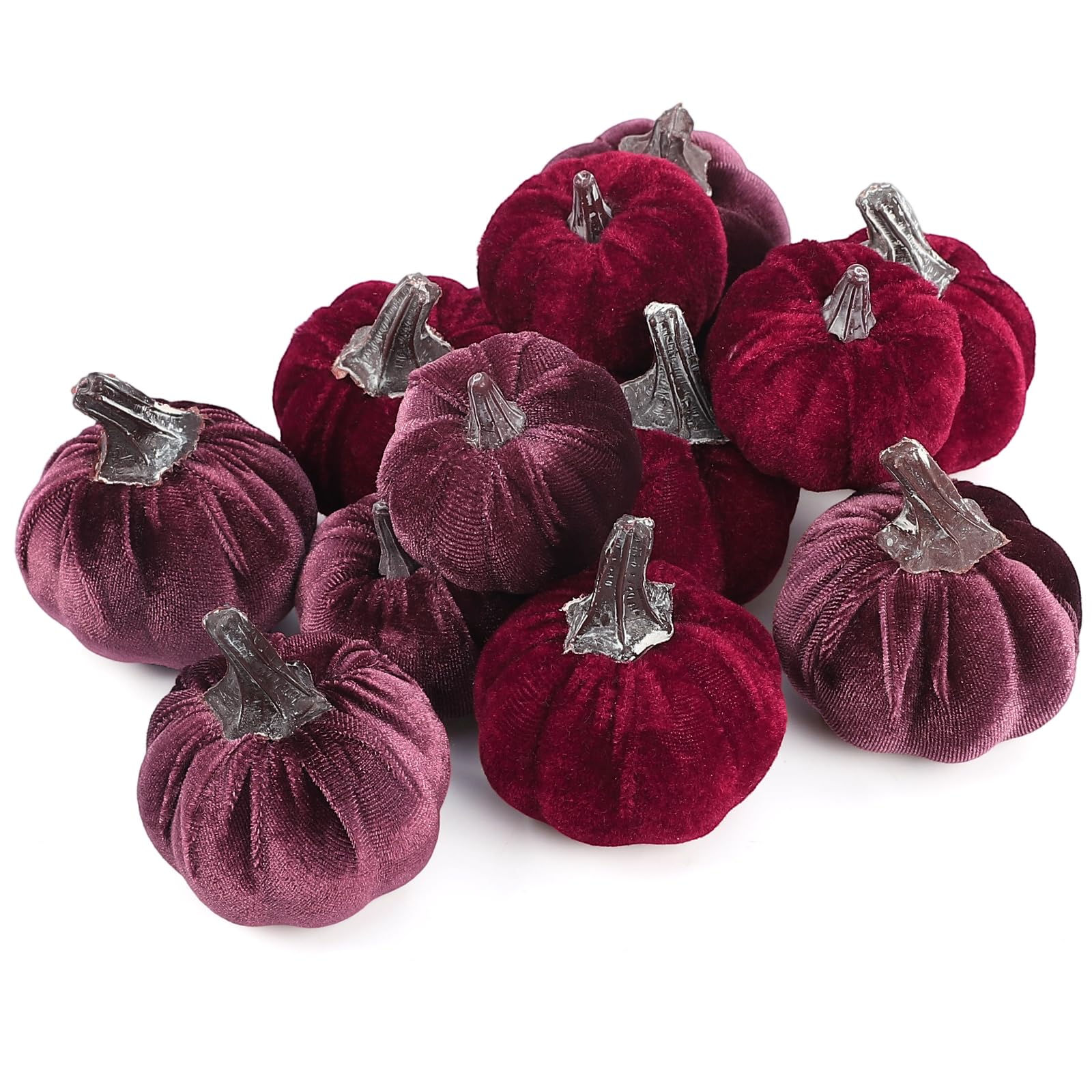 Lot de 12 citrouilles artificielles en velours - 2 tailles - Pour Halloween, automne, festival, décoration de table (bordeaux/violet)