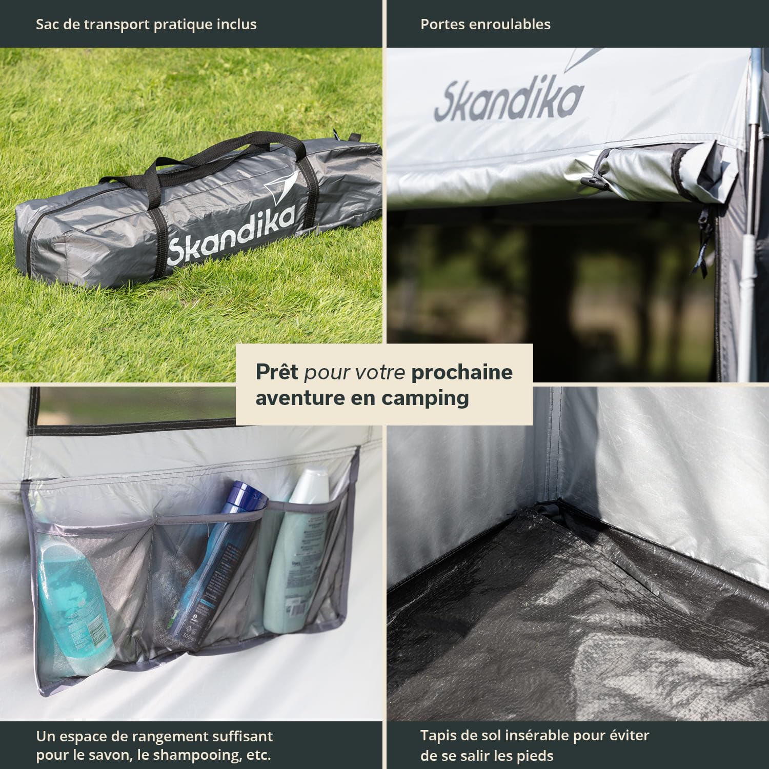Skandika Camping Tente de Douche et Vestiaire | Grande, Hauteur 230 cm, Revêtement Argenté, Opaque | Sol Séparé, 3 Fenêtres, Porte-Serviettes, Fixation Pour la Douche | Toilette