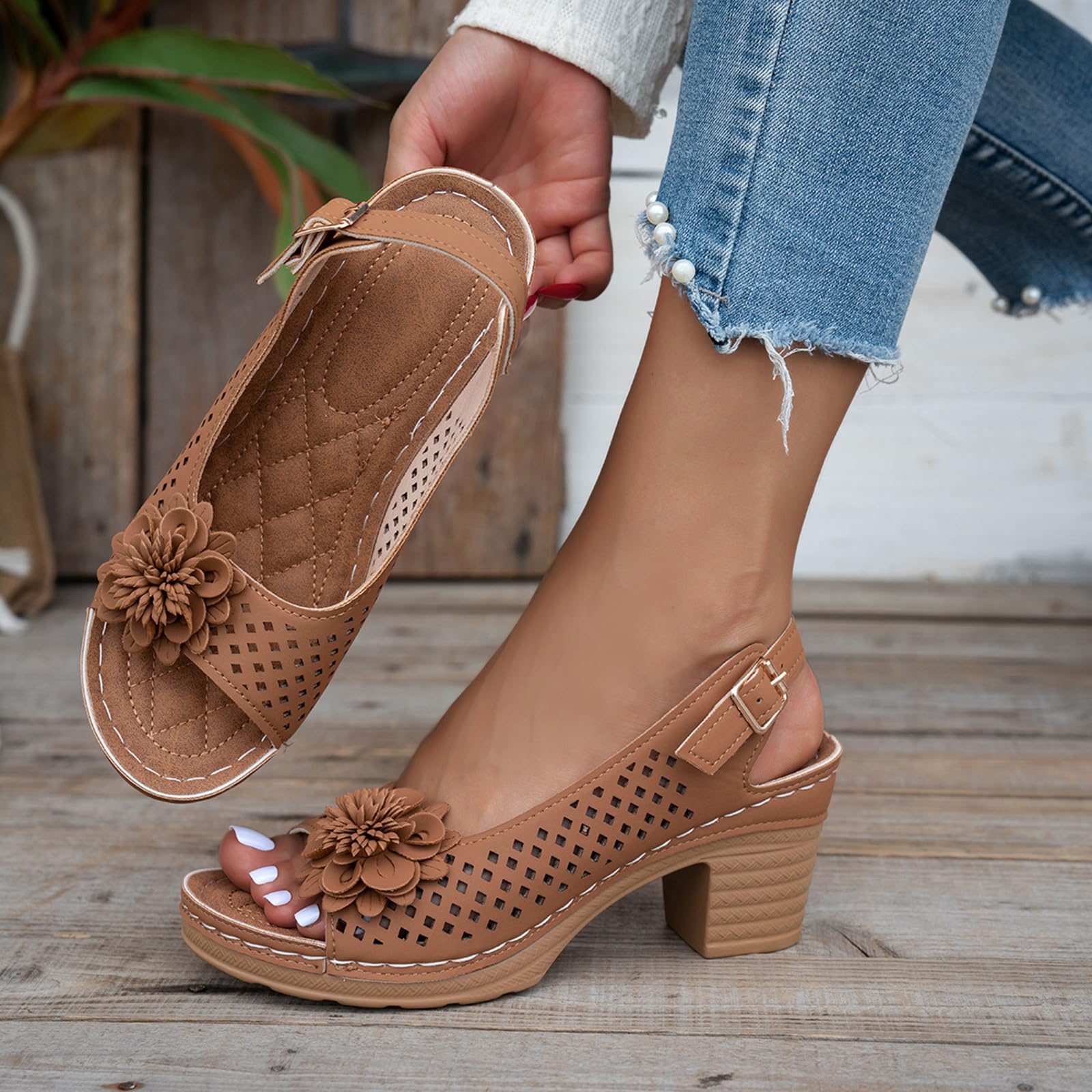 Women's Low Block Chunky Heels Sandals Flowers Comfortable Open Toe Back Strap Party Dress Pump Shoes Strappy Buckle Heeled Sandals