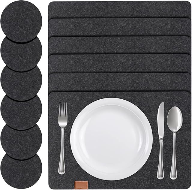 Simpolor Felt Table Placemats Set of 6 and Coasters, Non-Slip & Heat-Resistant Placemats and Coaster Sets 6, Washable Place Mats Set for Family Banquet, Hotel, Wedding, Party Decoration - Black