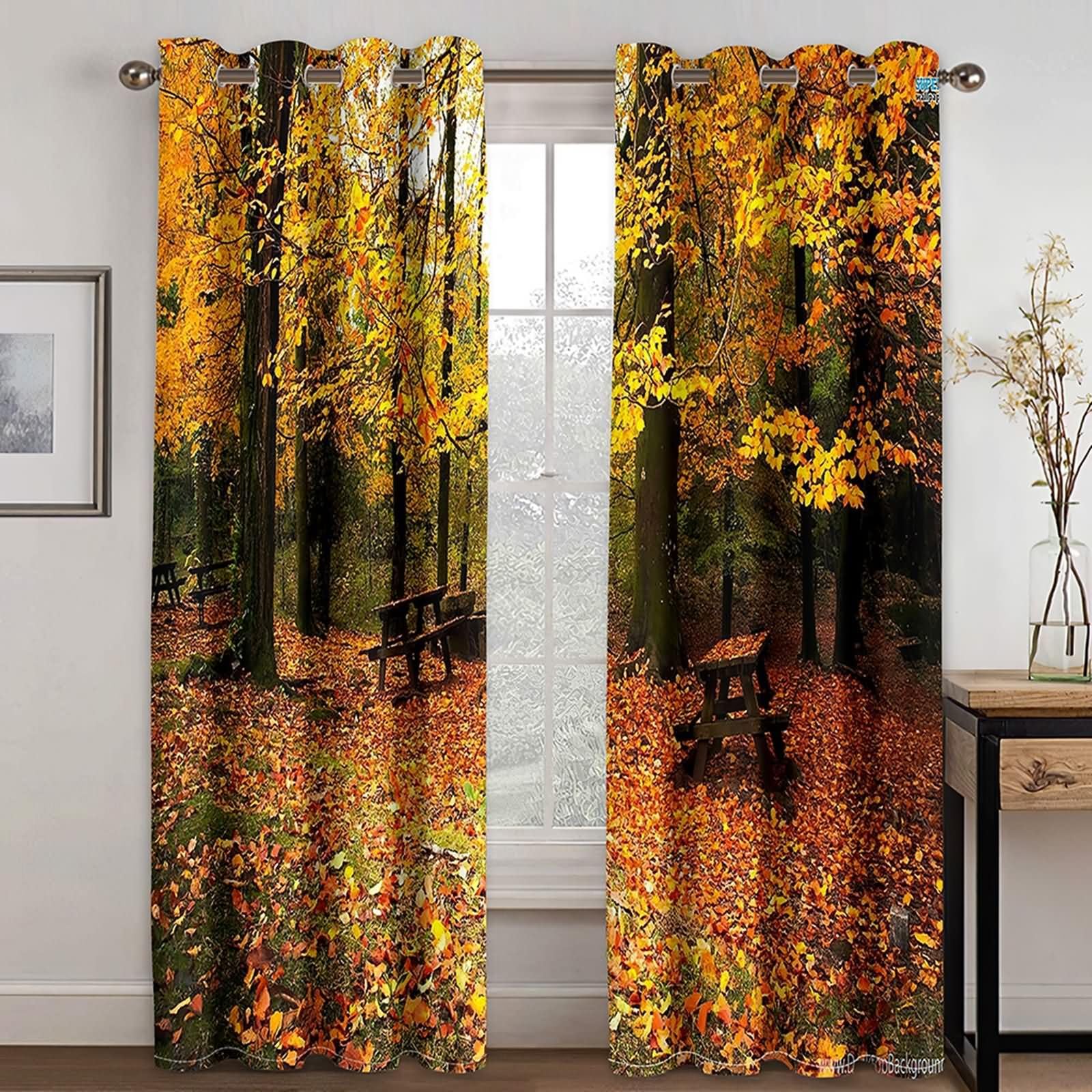 Zasłony zaciemniające okno 2 panele, 2 x 107 W x 229H cm, zasłony okienne przelotki jesienny leśny krajobraz zasłony okienne sypialnia pomarańczowy