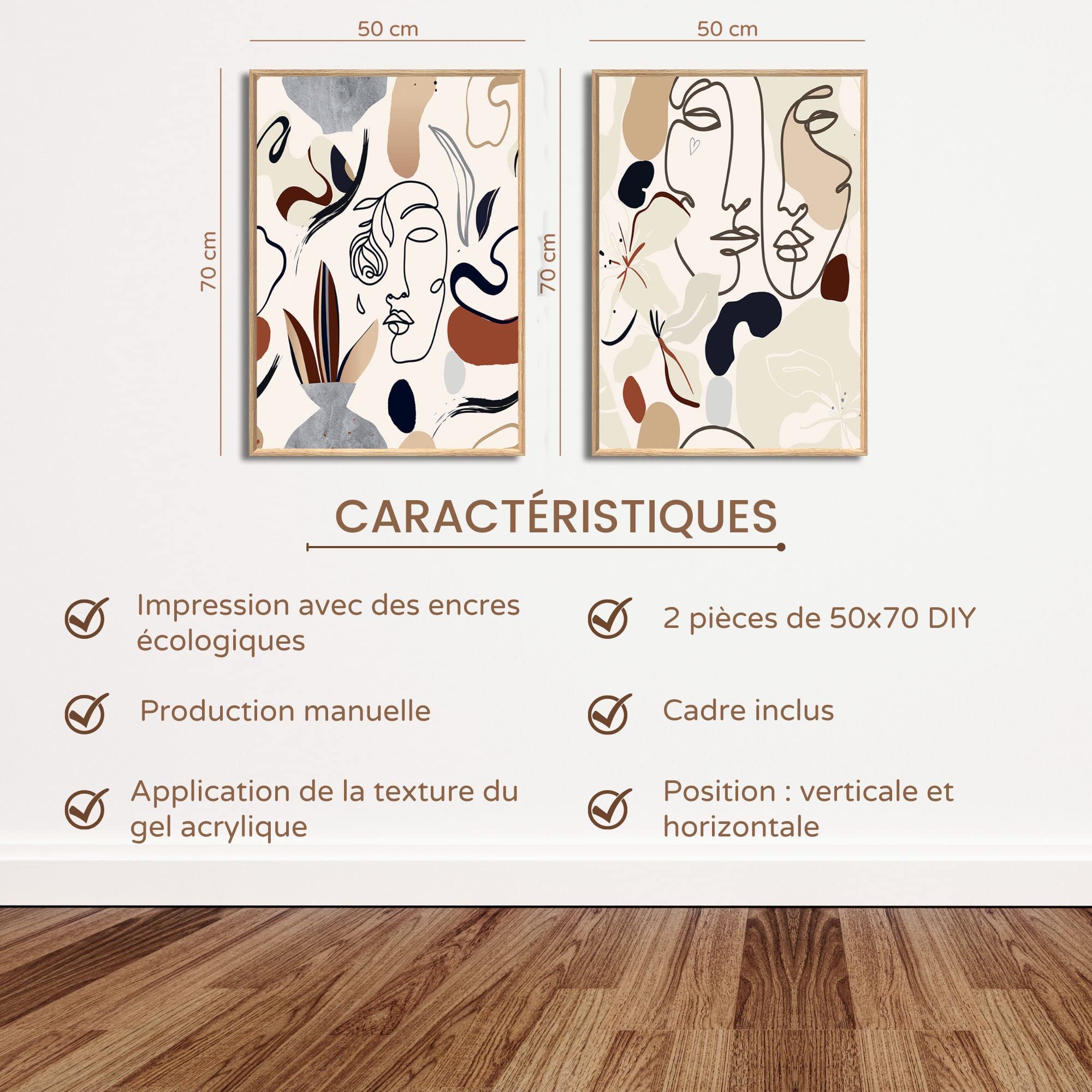 DekoArte - Tableau decoration murale salon PICASSO 50x70cm x2 cadre bois | Set 2 tableaux avec cadre couleur bois, impression visages traits Picasso en tons neutres, prêts à accrocher