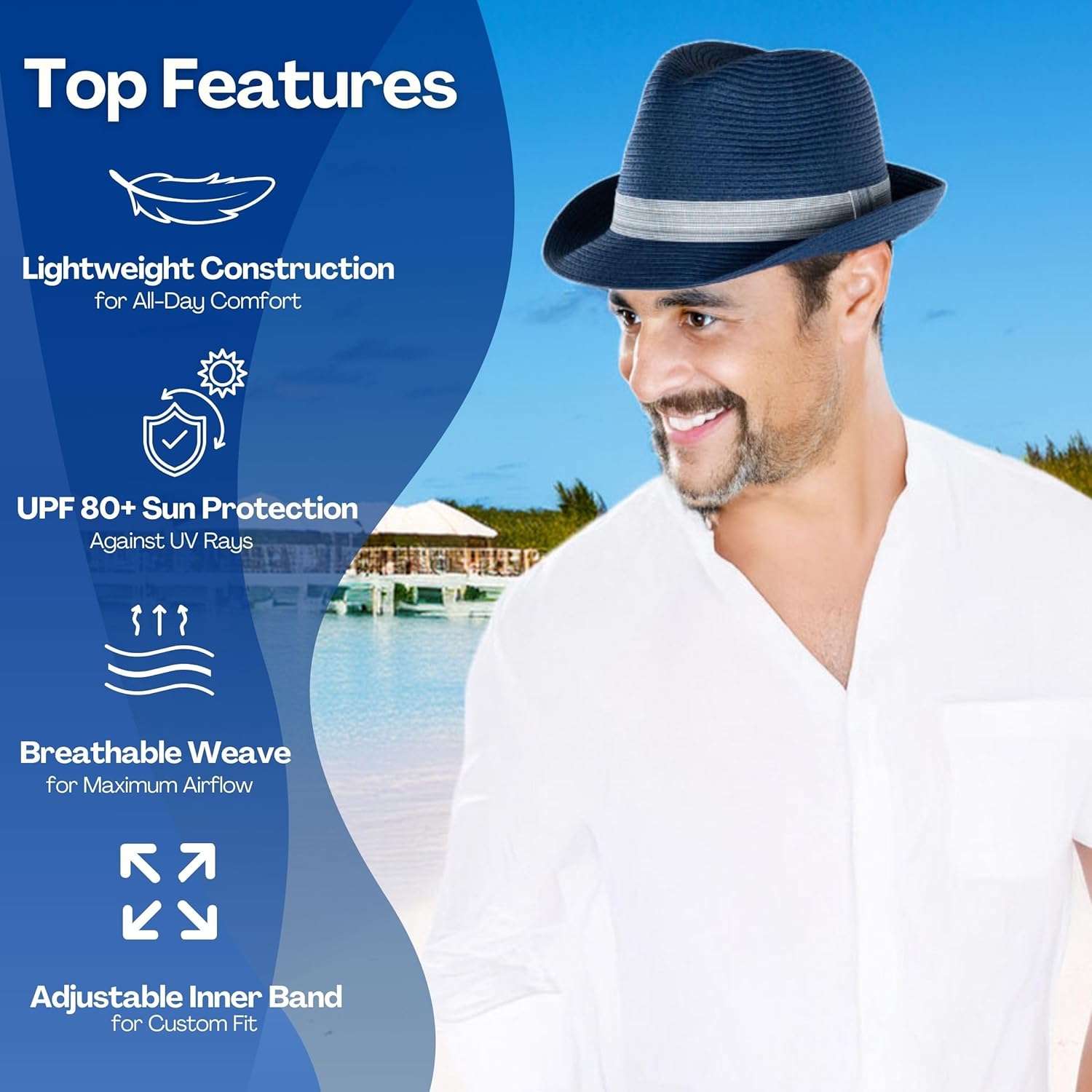 Funky Junque Straw Fedora Hat Beach Summer Short Brim Packable Sun Trilby Unisex UPF 50+ - Image 2