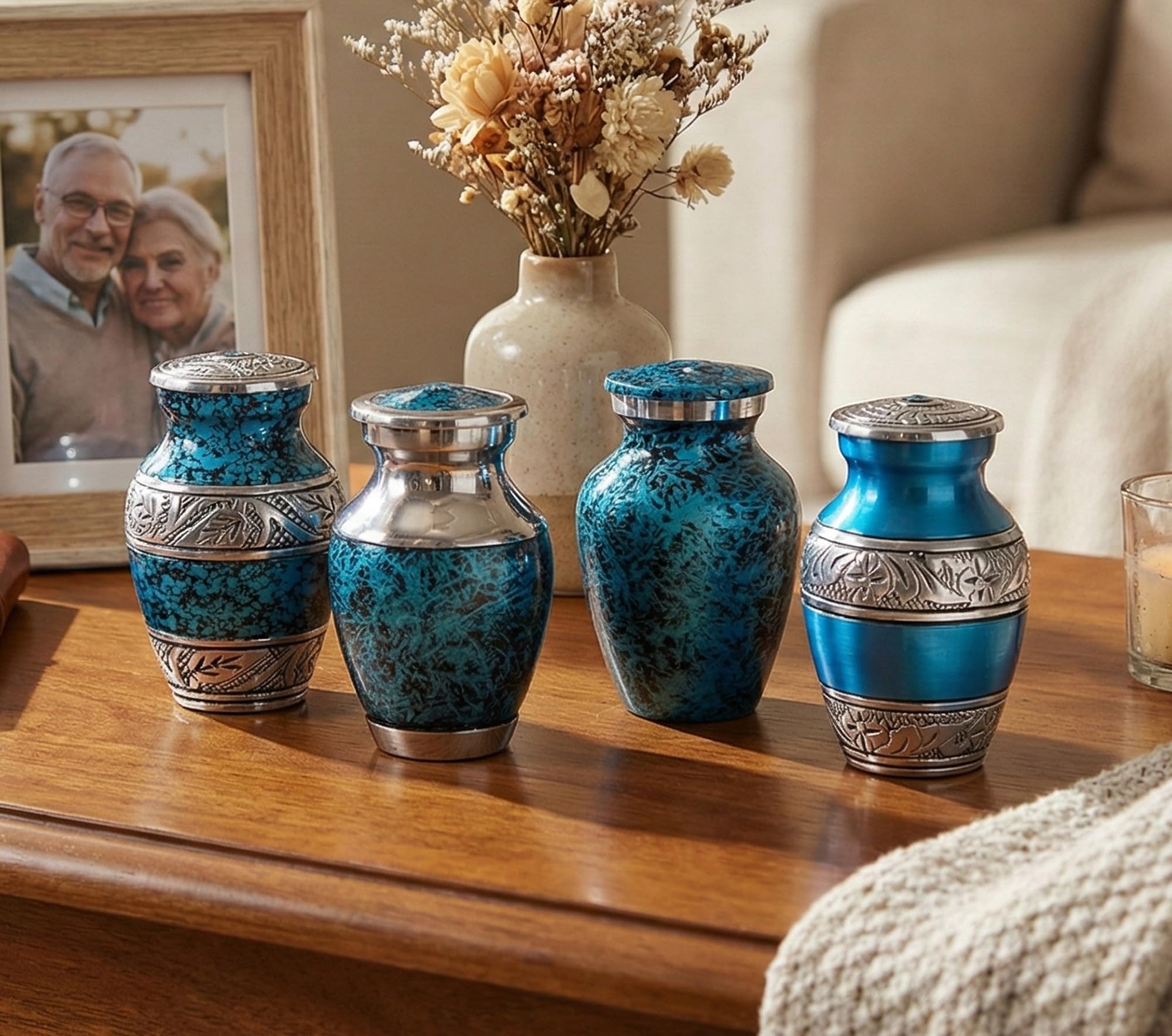 eSplanade Tarro conmemorativo de metal con forma de urna de cremación, juego de 4, urnas pequeñas para entierro de cenizas funerarias, recuerdos grabados y texturizados, azul, 3 pulgadas