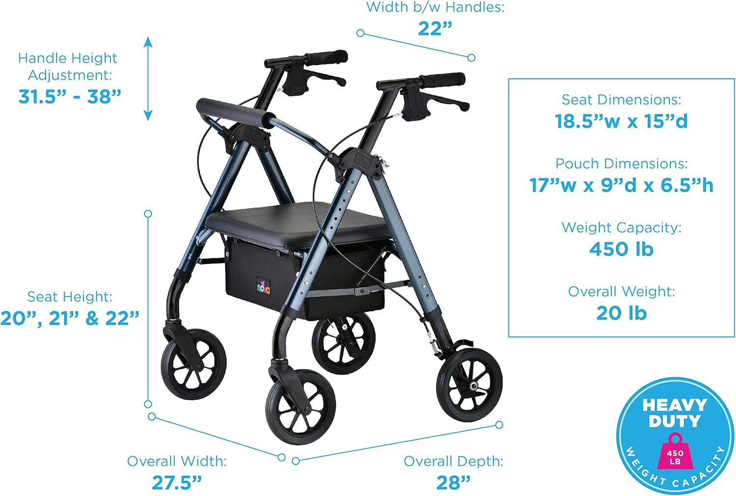 NOVA Star Heavy Duty Bariatric Rollator Walker with Extra Wide Padded Seat, 8" Wheels, Fold Lock Feature, Rolling Walker with Adjustable Seat Height & 450 lbs. Weight Capacity, Blue/Standard : Everything Else