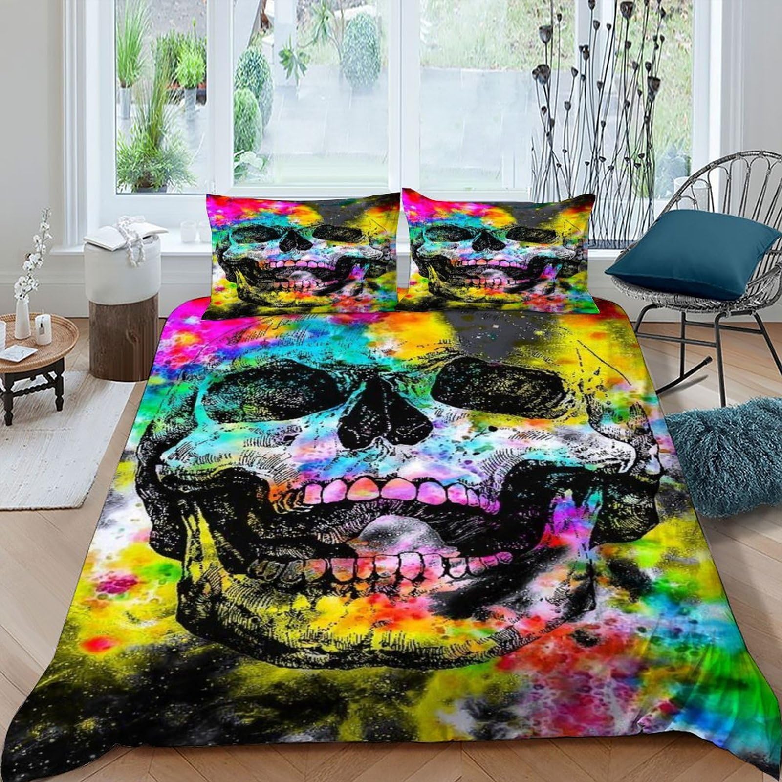 Housse de couette crâne gothique 220x240 cm avec taies d'oreiller en microfibre