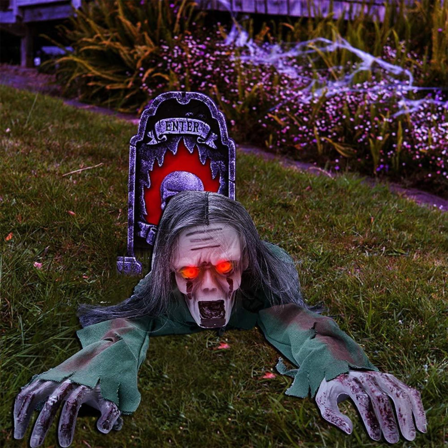Décorations de zombies rampants, activées par le son, rouge, 3, 6 pieds.