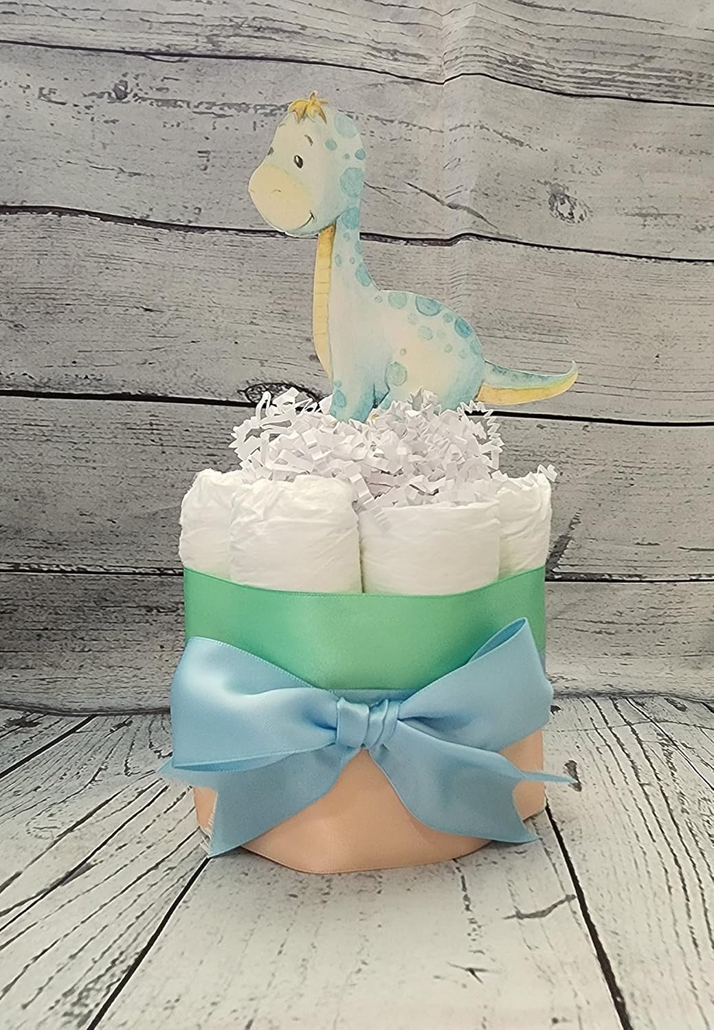Dinosaur Theme Diaper Cake 3 piece set - 3 Tier - Baby Shower Gift - Blue, Green and Peach Dino