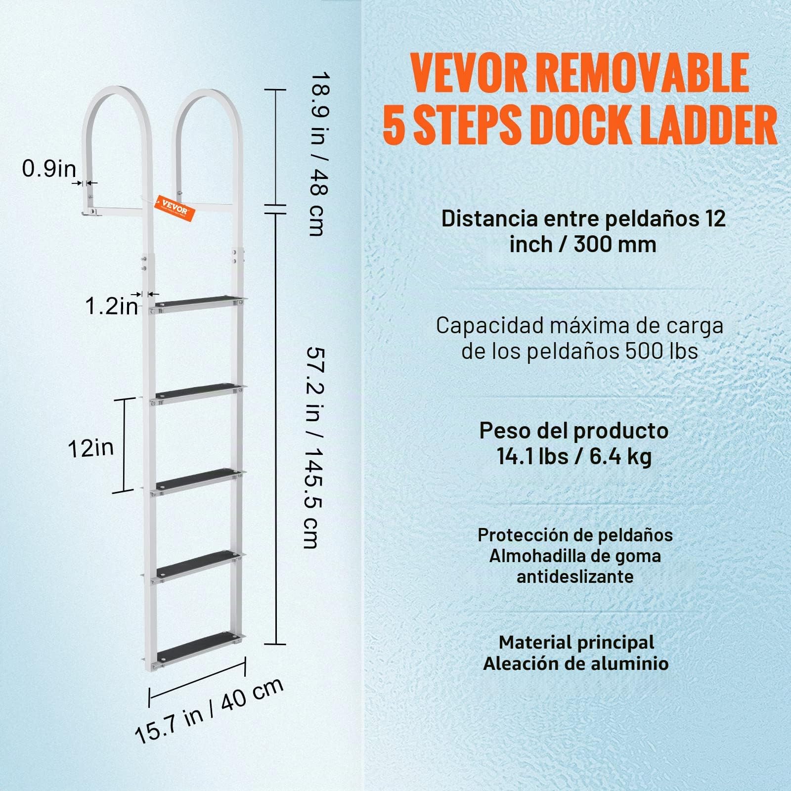 VEVOR Escalera de Muelle 5 Escalones Extraíbles Escalera de Pontón de Aleación de Aluminio Carga de 226 kg Escalón de 78 mm Pedales Antideslizantes para Embarque en Barco, Lago, Piscina