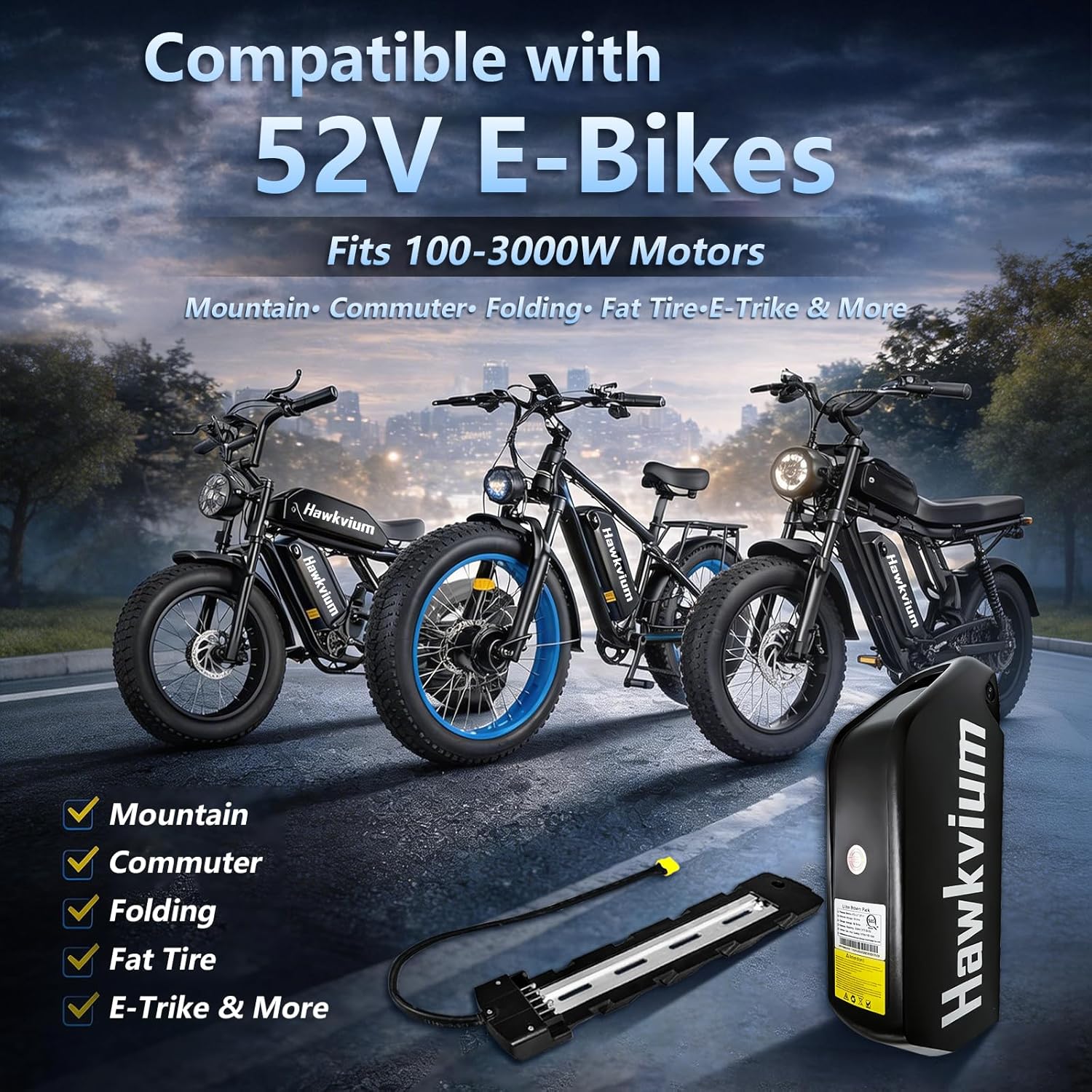 Ebike Battery 52V 25Ah UL2271 Certifated for 100W-3000W 60A BMS Lithium Battery Pack Electric Bicycle Conersion Kit with Base