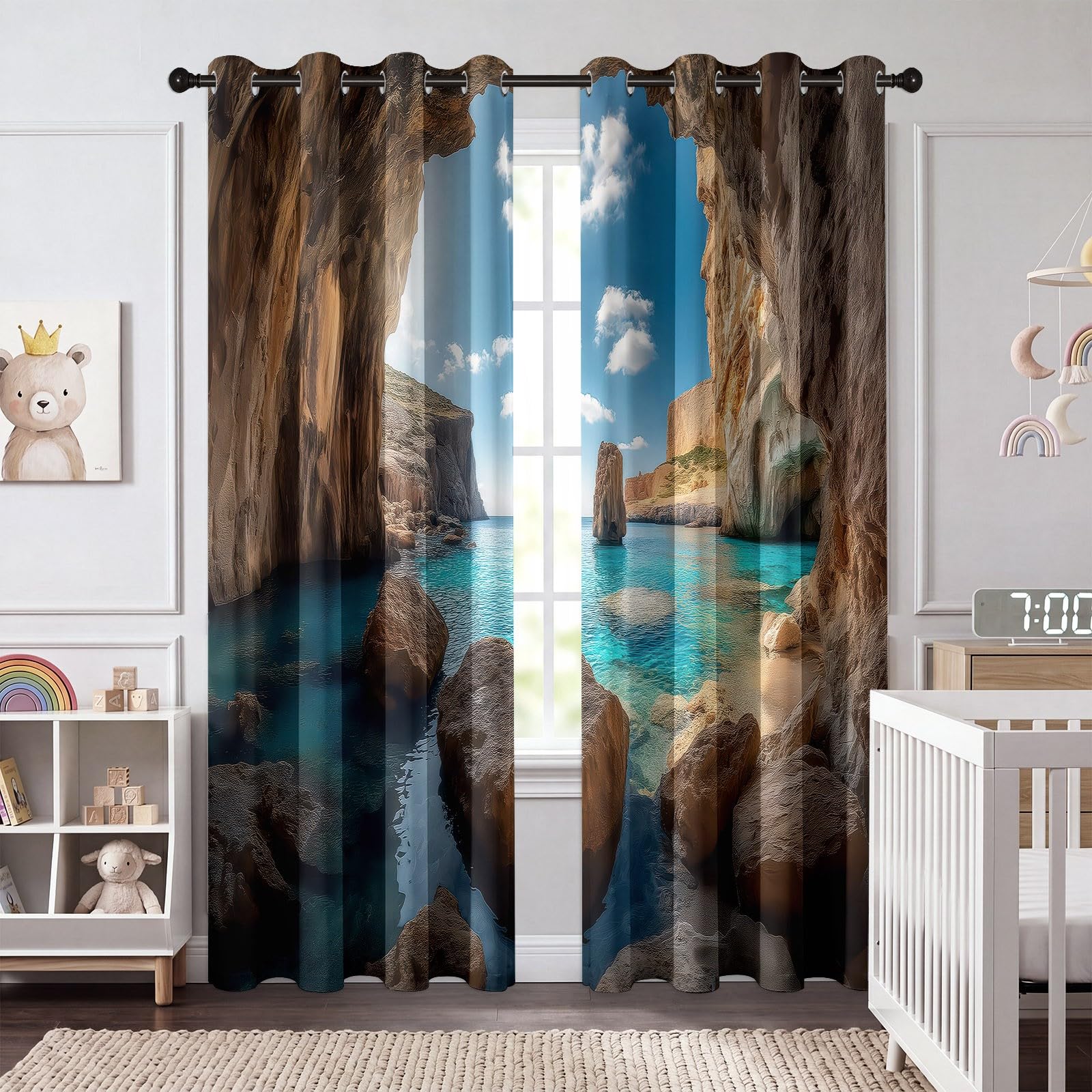 Générique Rideau Occultant Paysage Naturel à Oeillets, Rideaux Thermiques Isolants pour Salon, Grottes Rochers Vagues Nuages Imprimé 3D, Lot de 2 Panneaux 140 X 260 cm (LxH), Décoration de Chambre
