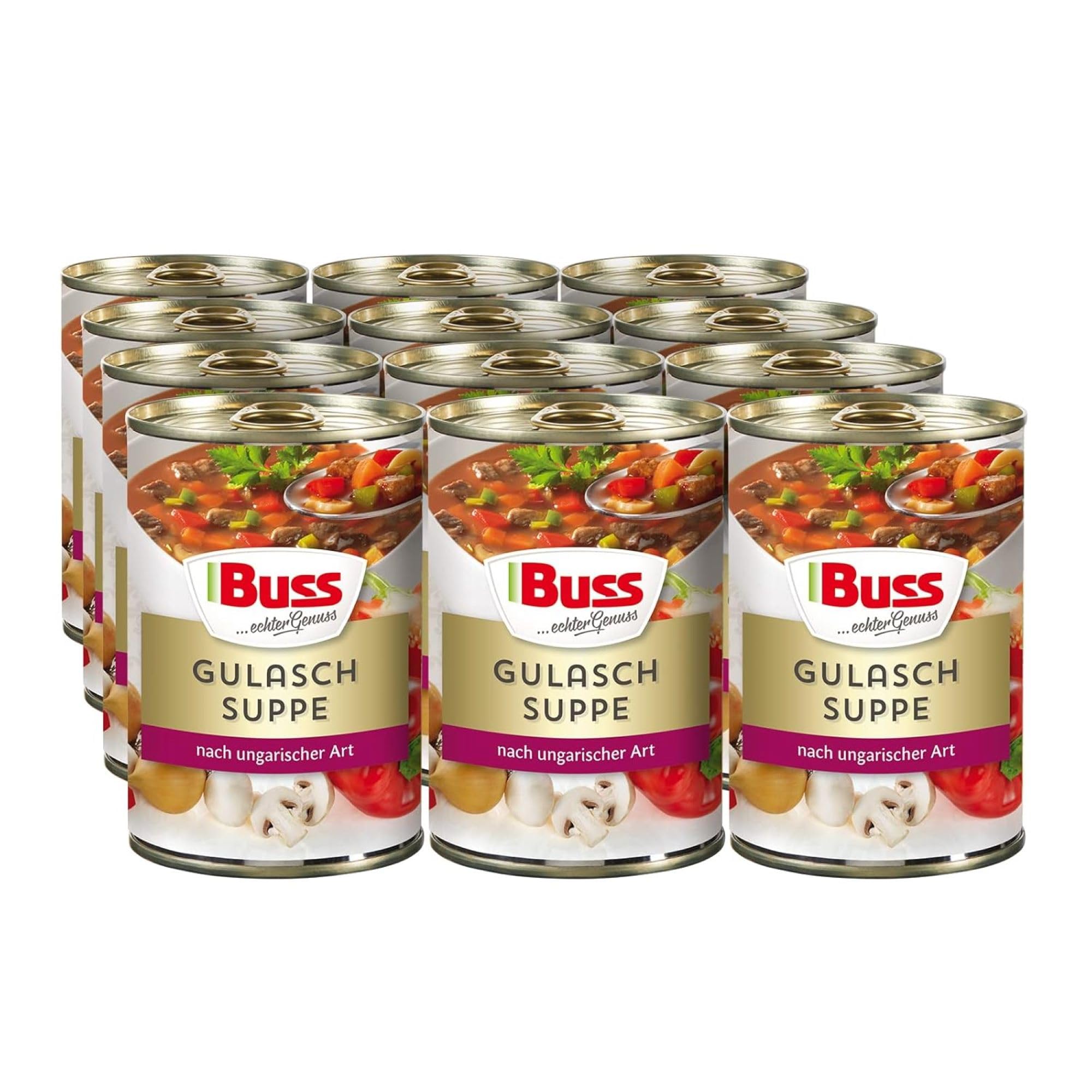 Buss Klassische Suppen - Herzhafte Gulaschsuppe mit Rindergulasch - Suppe ungarischer Art mit Paprika, Champignons & Zwiebeln - Schnelle Fertiggerichte zum Aufwärmen in Mikrowelle & Topf - 12 x 400g