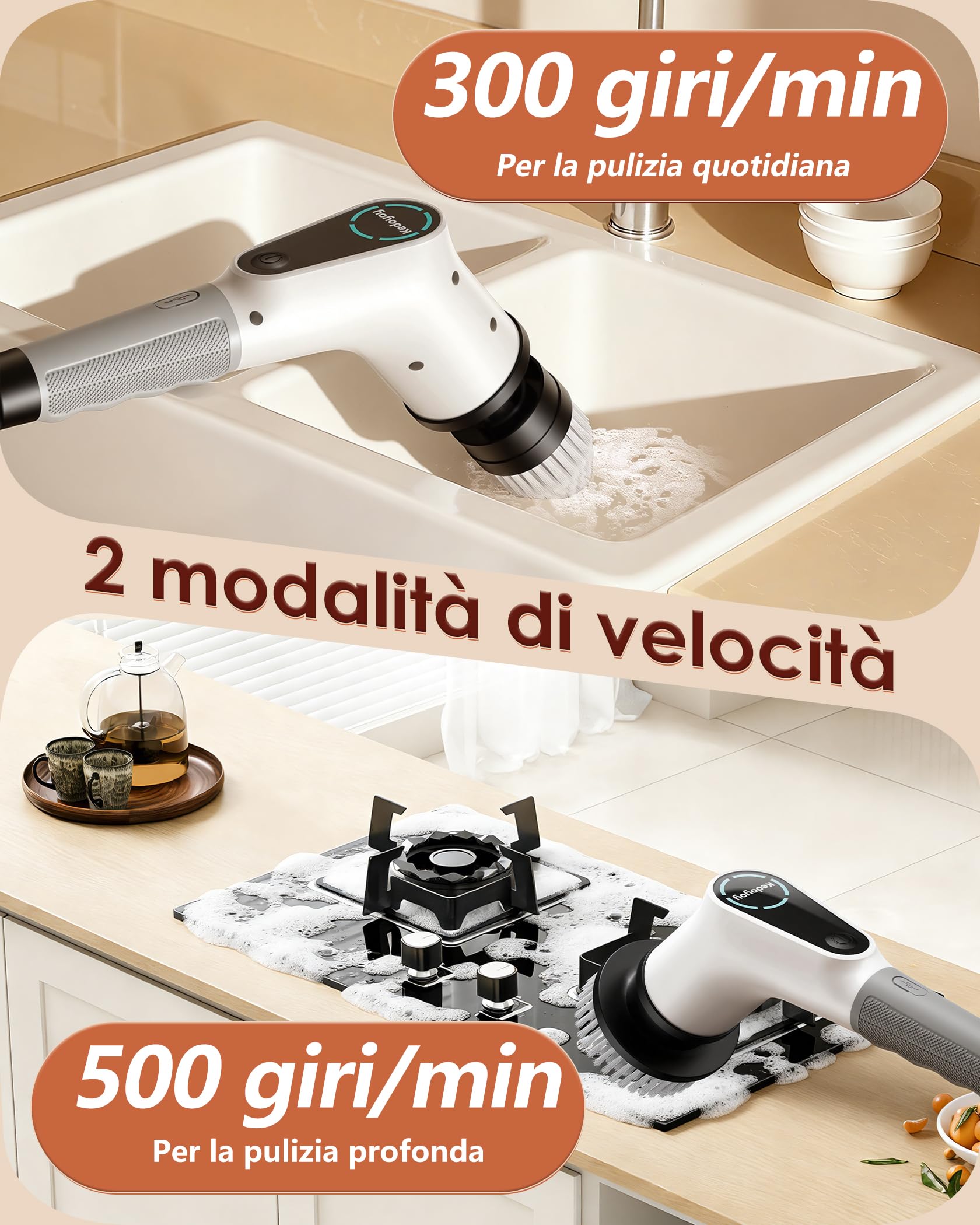 Spazzola Rotante Pulizia Casa 2025 Upgrade, 2 Velocità Spazzola Elettrica per Pulizia con 8 teste di foratura intercambiabili, con maniglia regolabile per bagno pavimento piastrellato (Bianco)