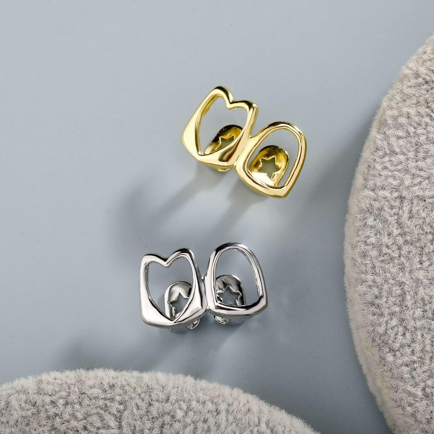 Gold Grills for Your Teeth Grillz Tooth Cap for Women Men Golden Tooth Jewelry Hollow out Heart Mouth Grill Hip Hop Outfits Custom Accessory Halloween Party