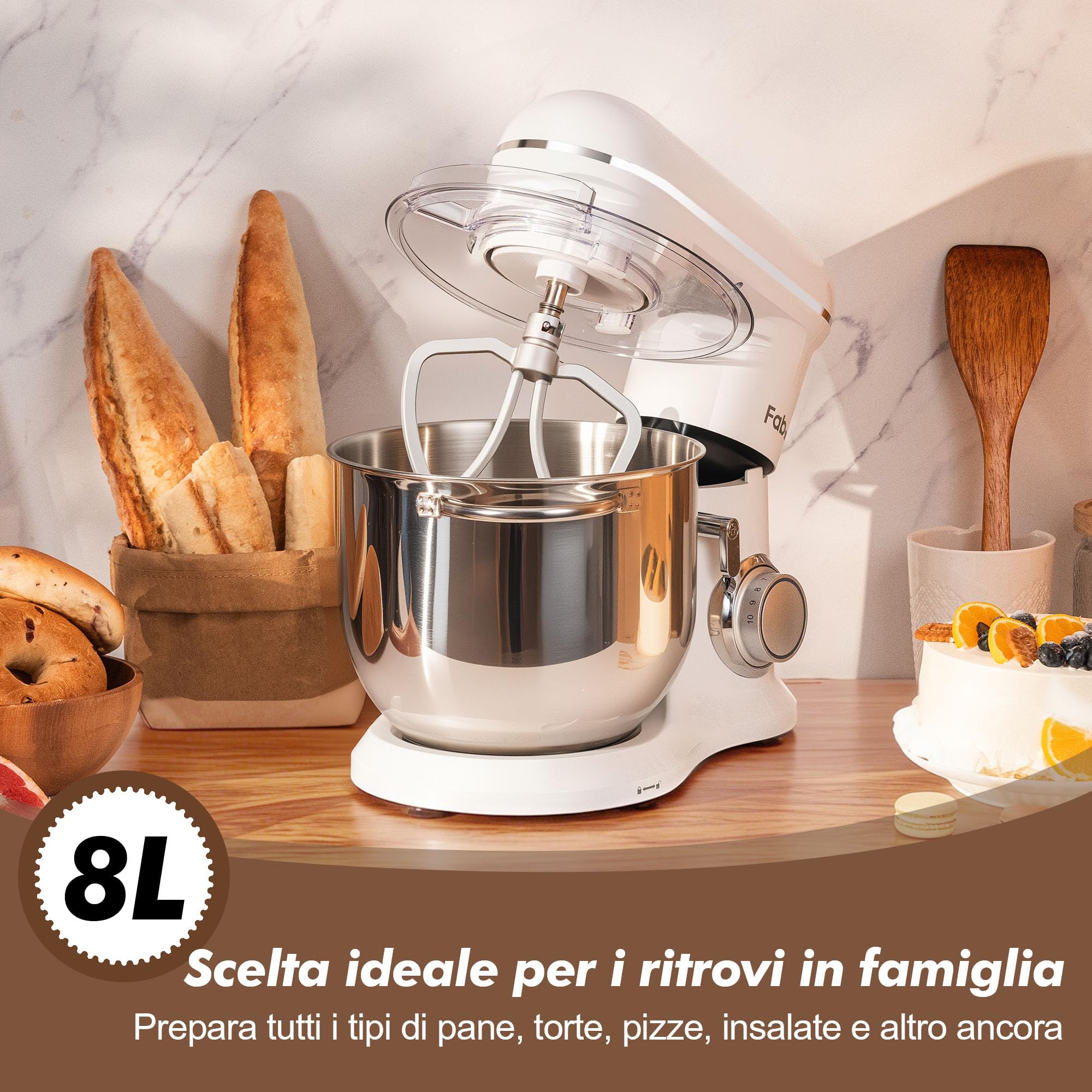 Fab by Kitchen in the box Impastatrice Planetaria, 8L Planetaria Professionale 2000W, 10 Velocità con Uncino Impastatore, Mescolatore e Frusta Sbattitrice (Bianco Ghiaccio)