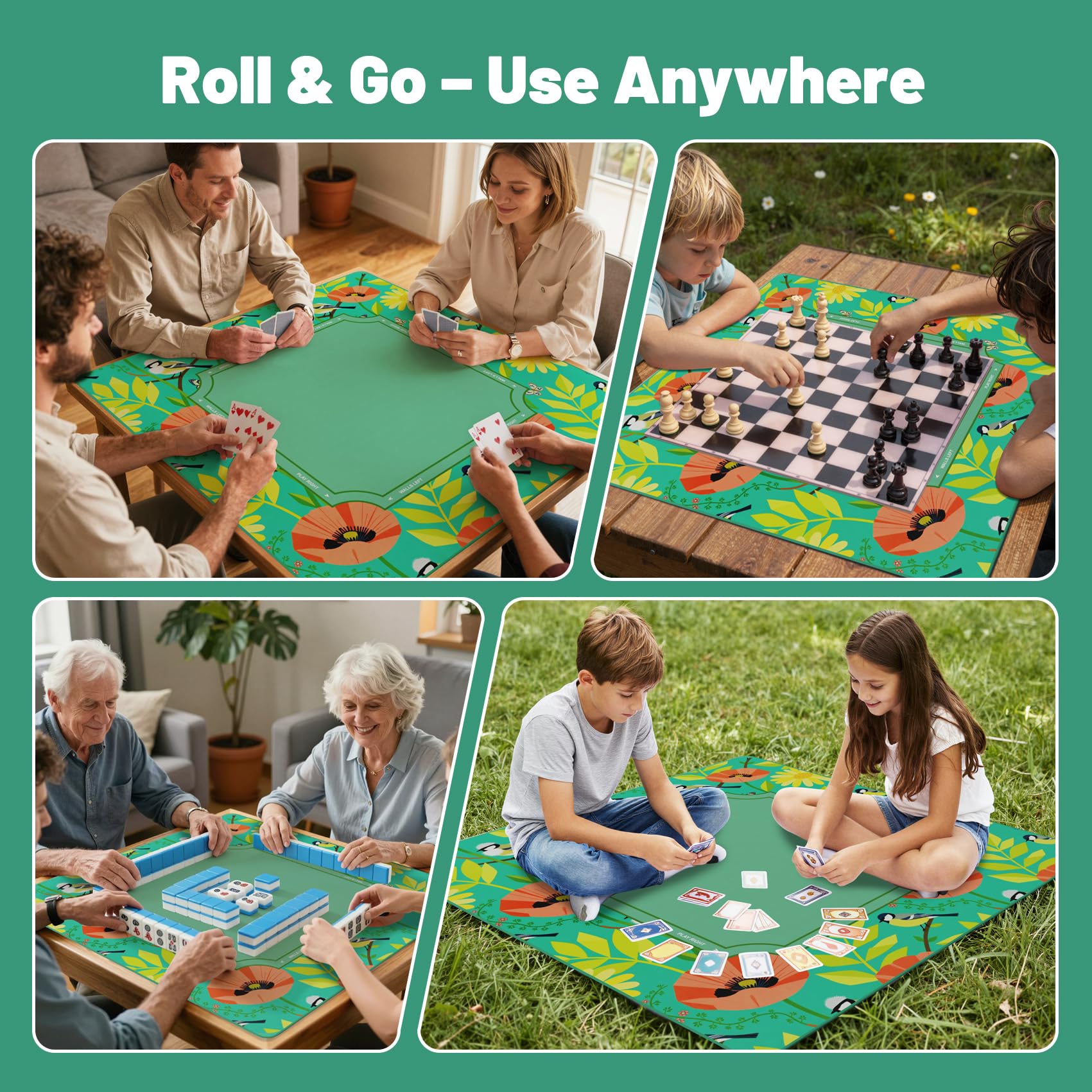 Tapete Mahjong (32.4 x 32.4 pulgadas) con bolsa de transporte, antideslizante y silencioso, juego de mahjong de viaje para mahjong/póker/juegos de mesa/juegos de cartas/dominó (verde)