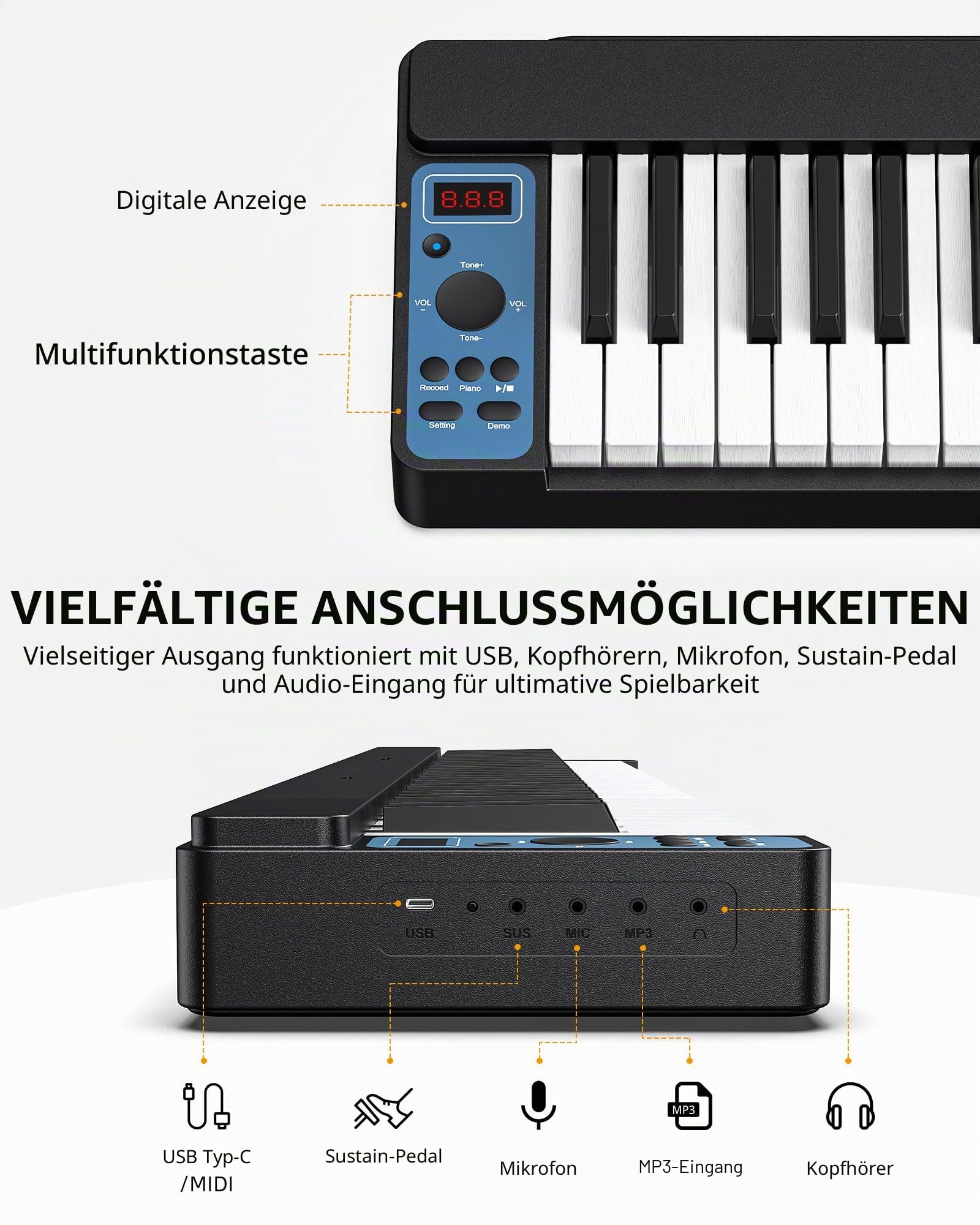 LEKATO Faltbares Elektronisches Keyboard mit 61 Tasten, 61-Tasten-Klapptastatur mit Anschlagdynamik, Wiederaufladbar, Bluetooth MIDI, Tragbare Tasche, für Anfänger/Musikliebhaber/Kind