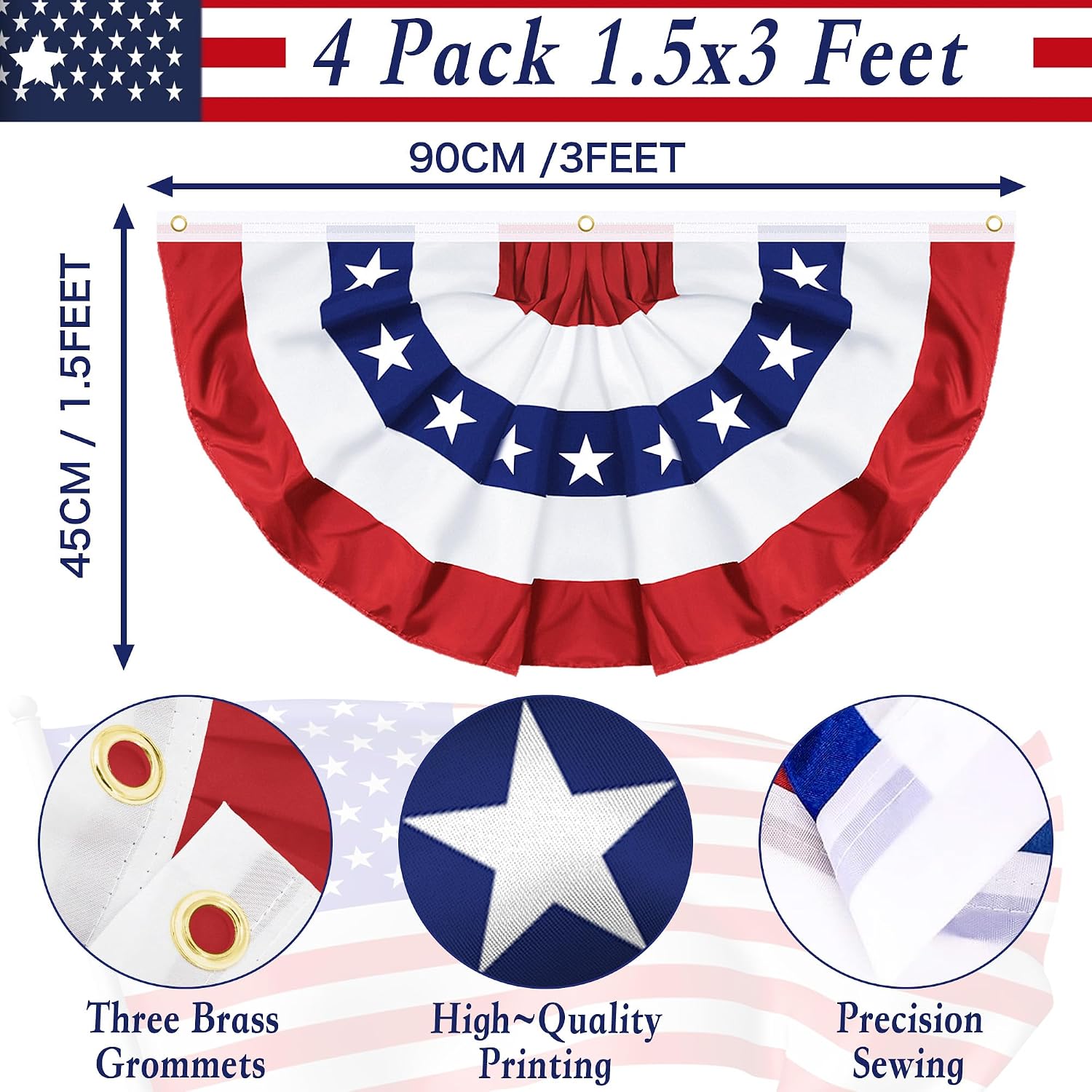 4 Pack 1.5x3 FT USA Pleated Fan Flag, American Bunting Flag Patriotic Half Fan Banner 4th of July Decorations Outdoor Memorial Day Decor Fourth July Independence Day Outside Red White and Blue Decor