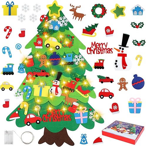 Onekka Juego de árbol de Navidad de fieltro con 32 adornos para niños, regalos de Navidad, colgar en la pared, árbol de Navidad para niños pequeños
