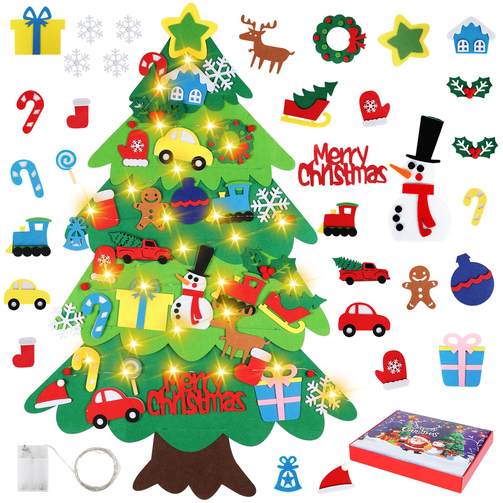 Onekka DIY Felt Christmas Tree Set with 32pcs Ornaments for Kids, Xmas Gifts, Wall Hanging Toddler Christmas Tree with String Light