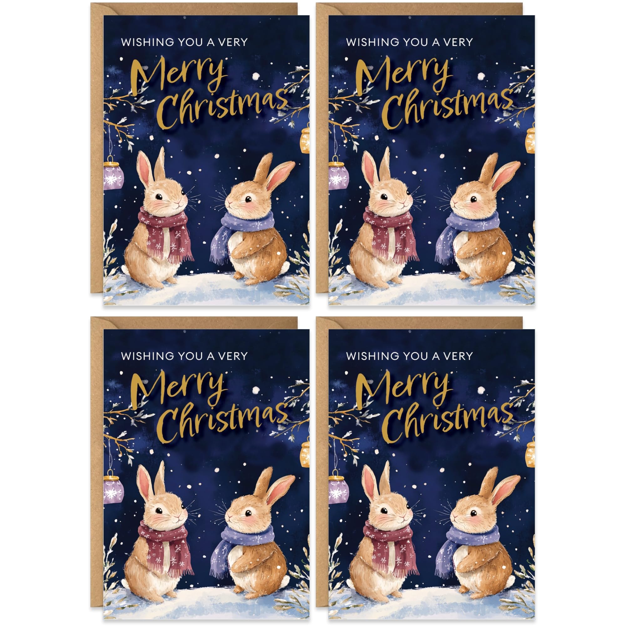 Set of 20 Christmas Cards with Envelopes, Cute Adorable Rabbit Winter Painting, Festive Multipack Bulk Set for School Friends Family, Blank Inside
