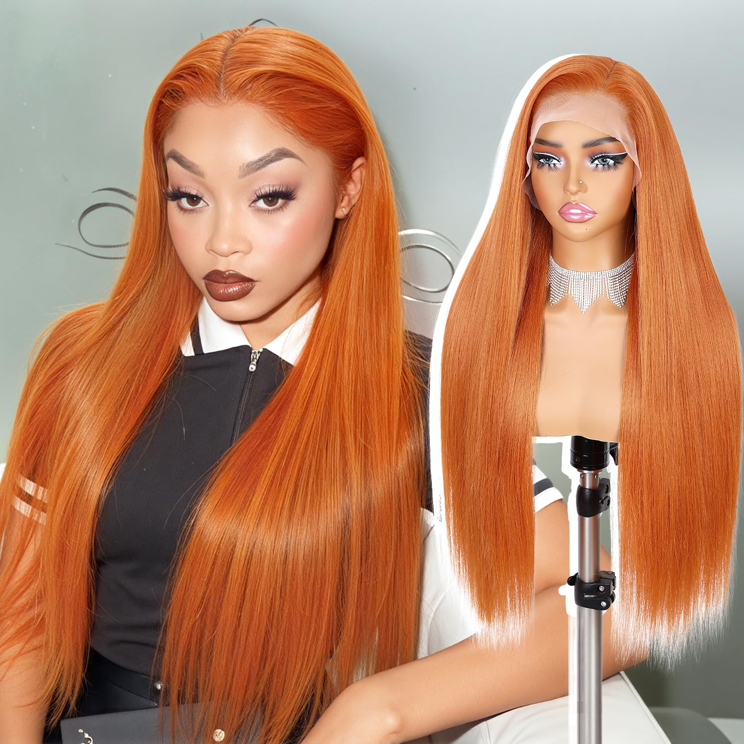 Quantum Love13x6 Lace Long Straight Orange Wigs Lace Front Synthetic Wig for Women 28Inch Wear and Go Glueless Orange Kanekalon Futura Hair Wig