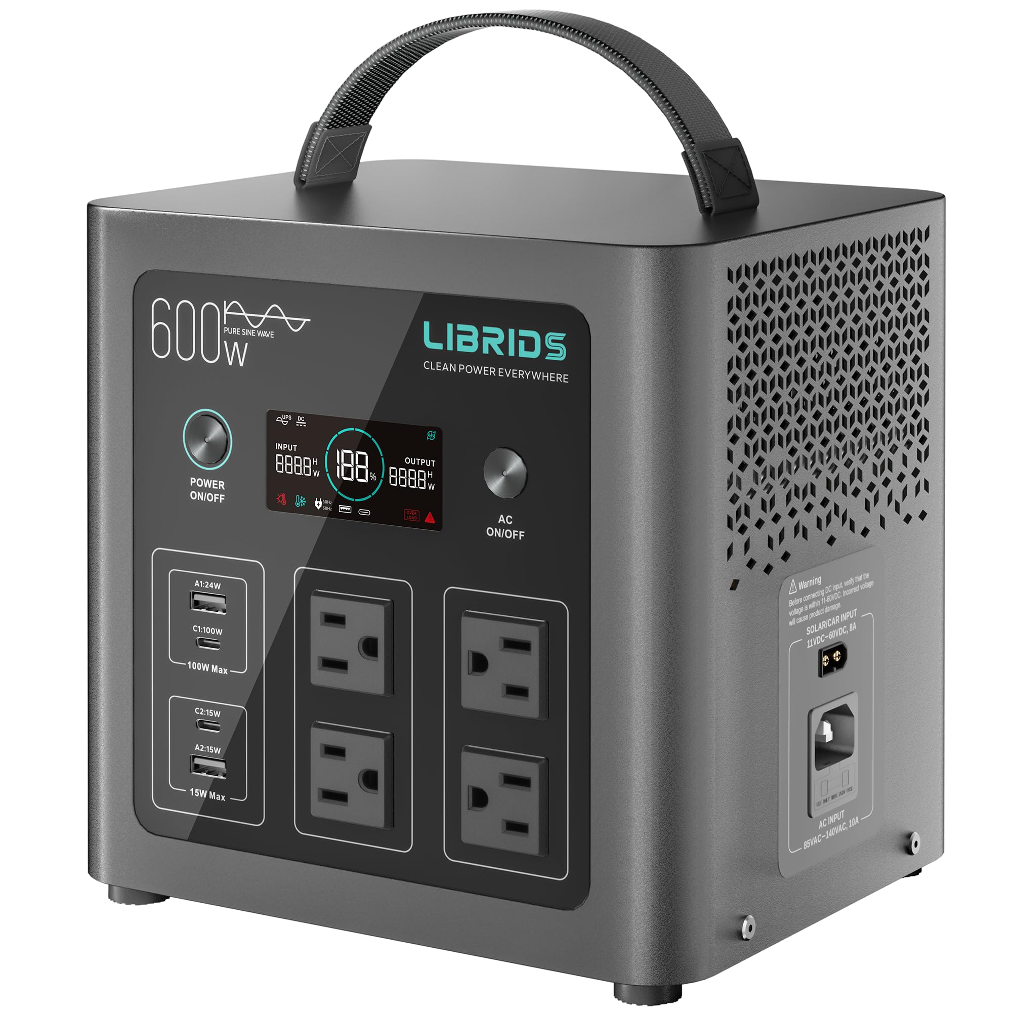 LIBRIDS Portable Power Station C600, 640Wh LiFePO4 Battery, 600W (Peak 1200W) Solar Generator, 1.5H Fast Charge, 10ms UPS, 8 Ports(4 AC) for Camping, Home Backup & Outages