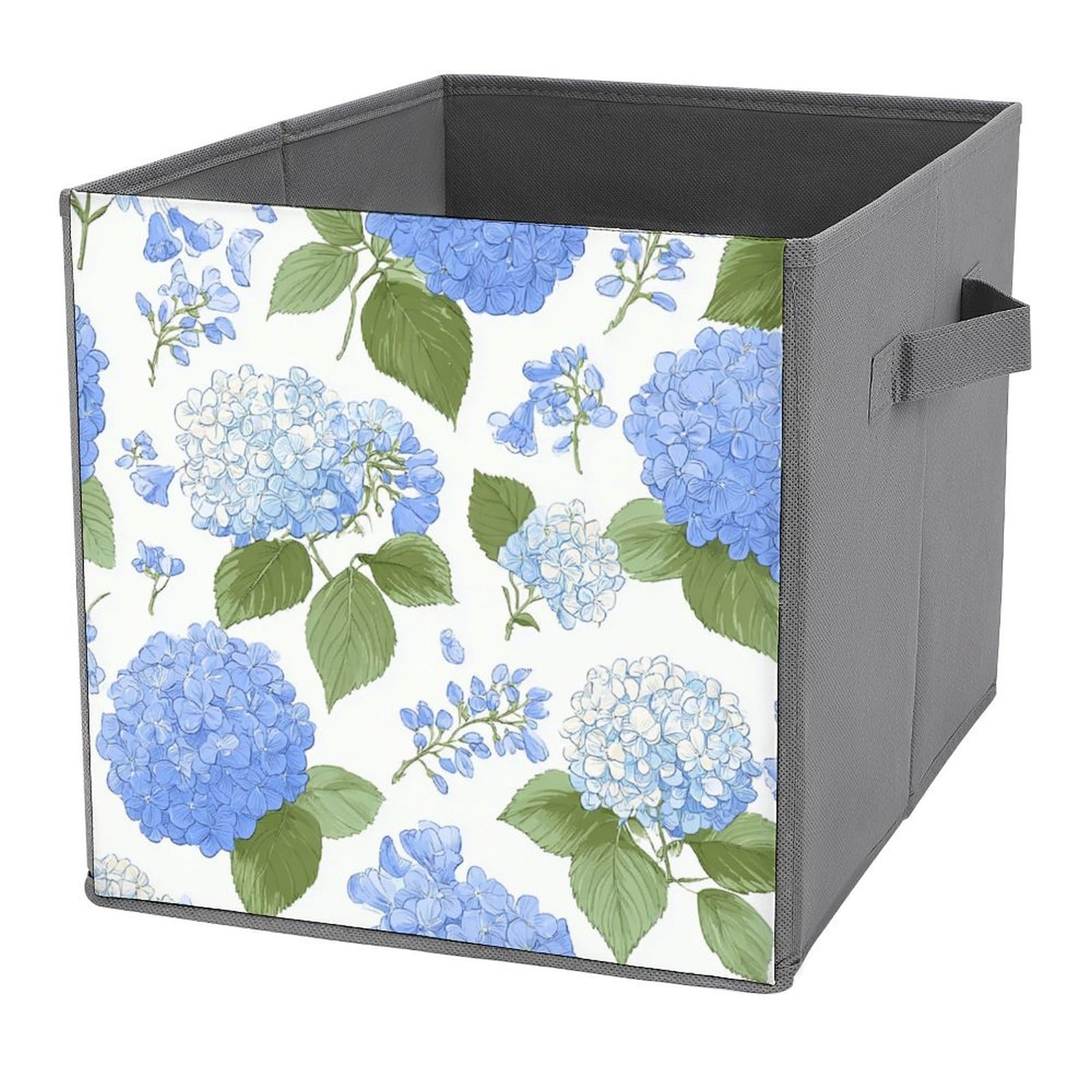 Jubonexis Light Blue Floral Hydrangea Flowers Cube Storage Bins Storage Cubes Foldable Decorative Fabric Storage Baskets Home Organizers with Handles for Shelves,Closet, 27x27 CM