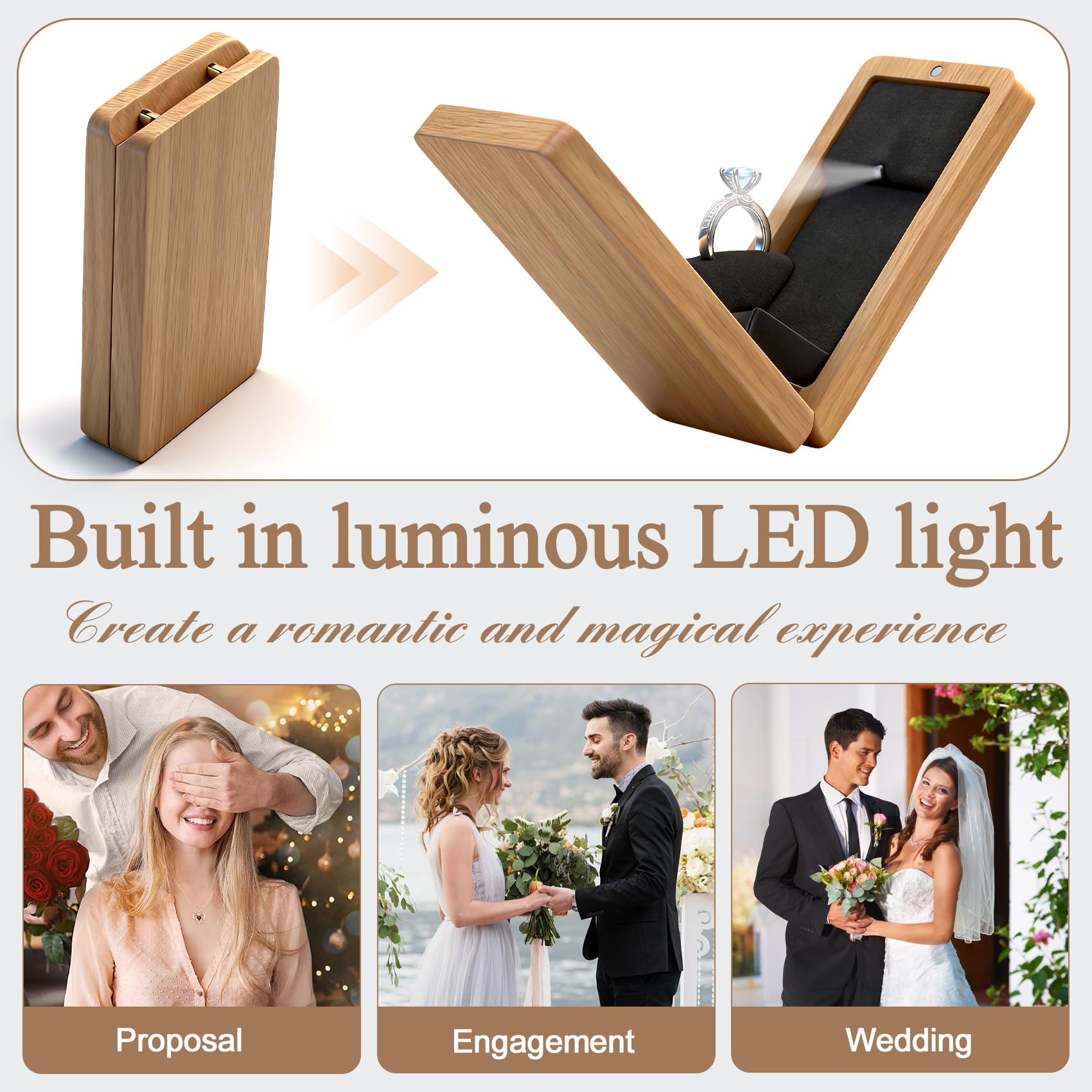 Scatola per anelli di fidanzamento in legno per proposta di San Valentino, scatola regalo rotante in legno per fedi nuziali, scatola regalo con luce a LED, confezione regalo (rovere bianco)