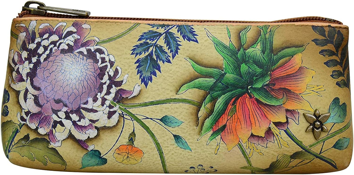 Anuschka Hand-Painted Genuine Leather Women's Cosmetic Case - Top Zip Entry - For Makeup, Brushes, Clips and Other Essentials Caribbean Garden