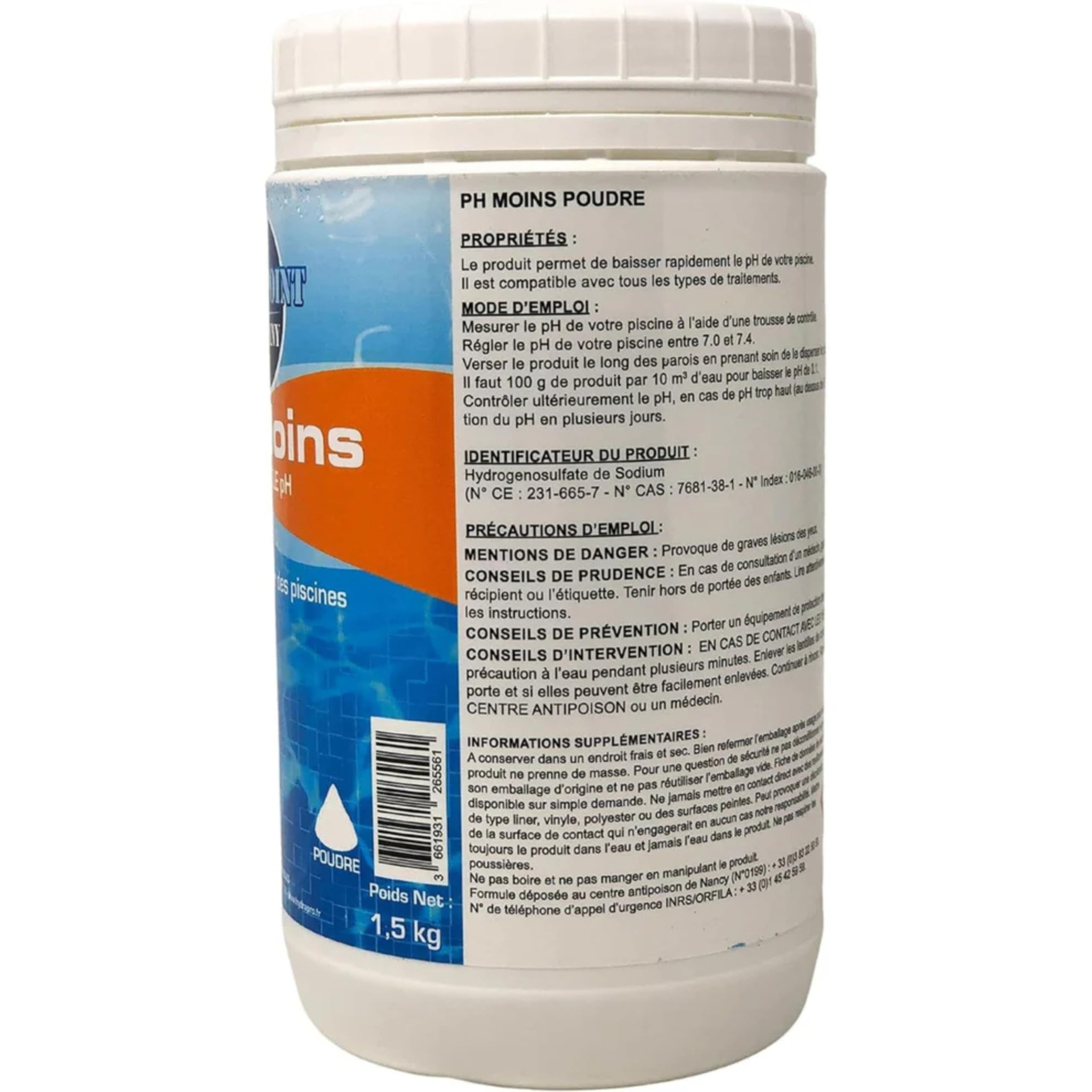 Ph Moins Piscine - Traitement Ph pour Piscine/Ph- Poudre en Seau de 1,5kg et 5kg - Permet de baisser Rapidement Le Ph de l'eau/Produit conditionné en France (1,5KG)
