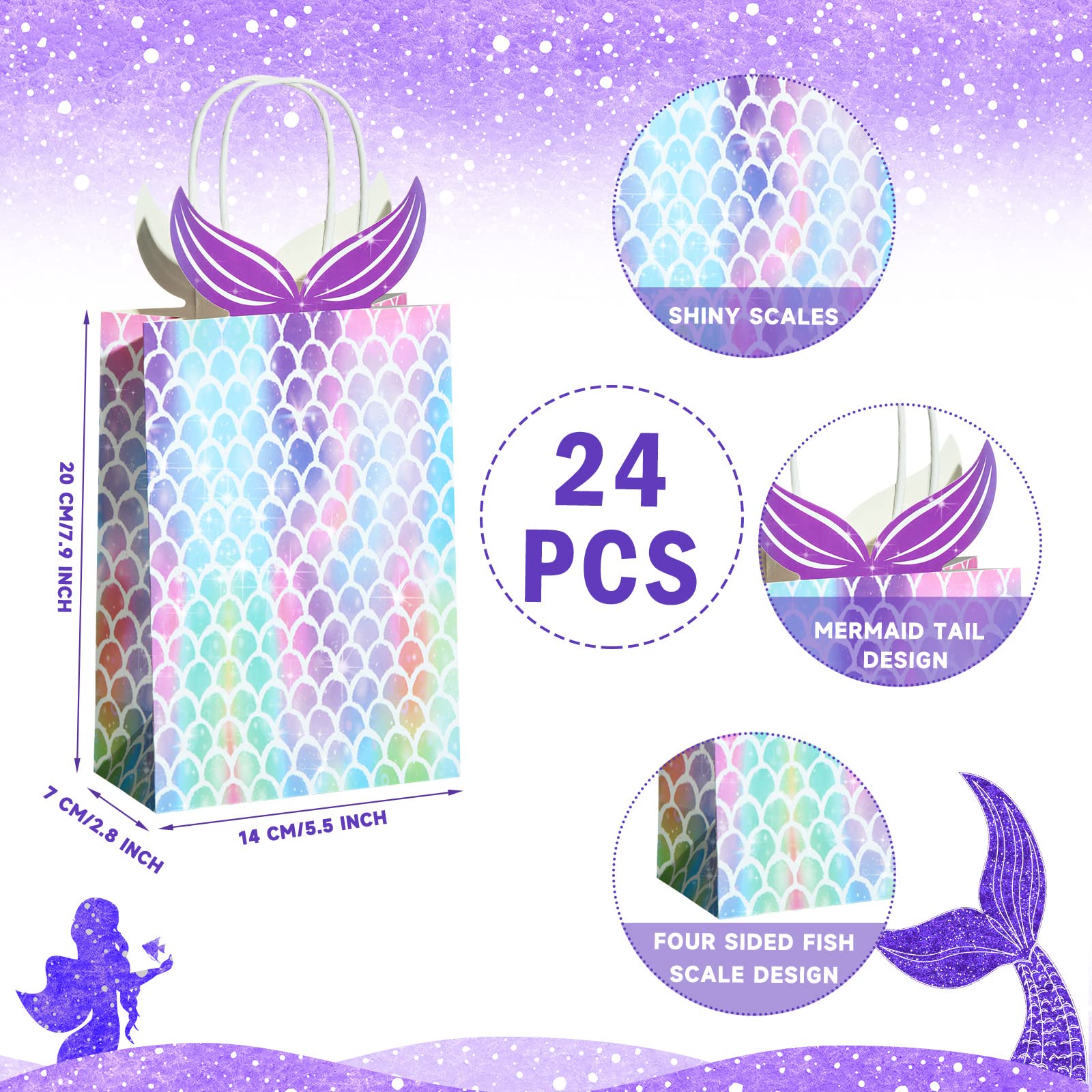 Chinco 24 Pieces Mermaid Gift Bags Party Favors Goodie Candy Treat Bags with Handle Mermaid Party Supplies for Girls Birthday Baby Shower Little Decorations