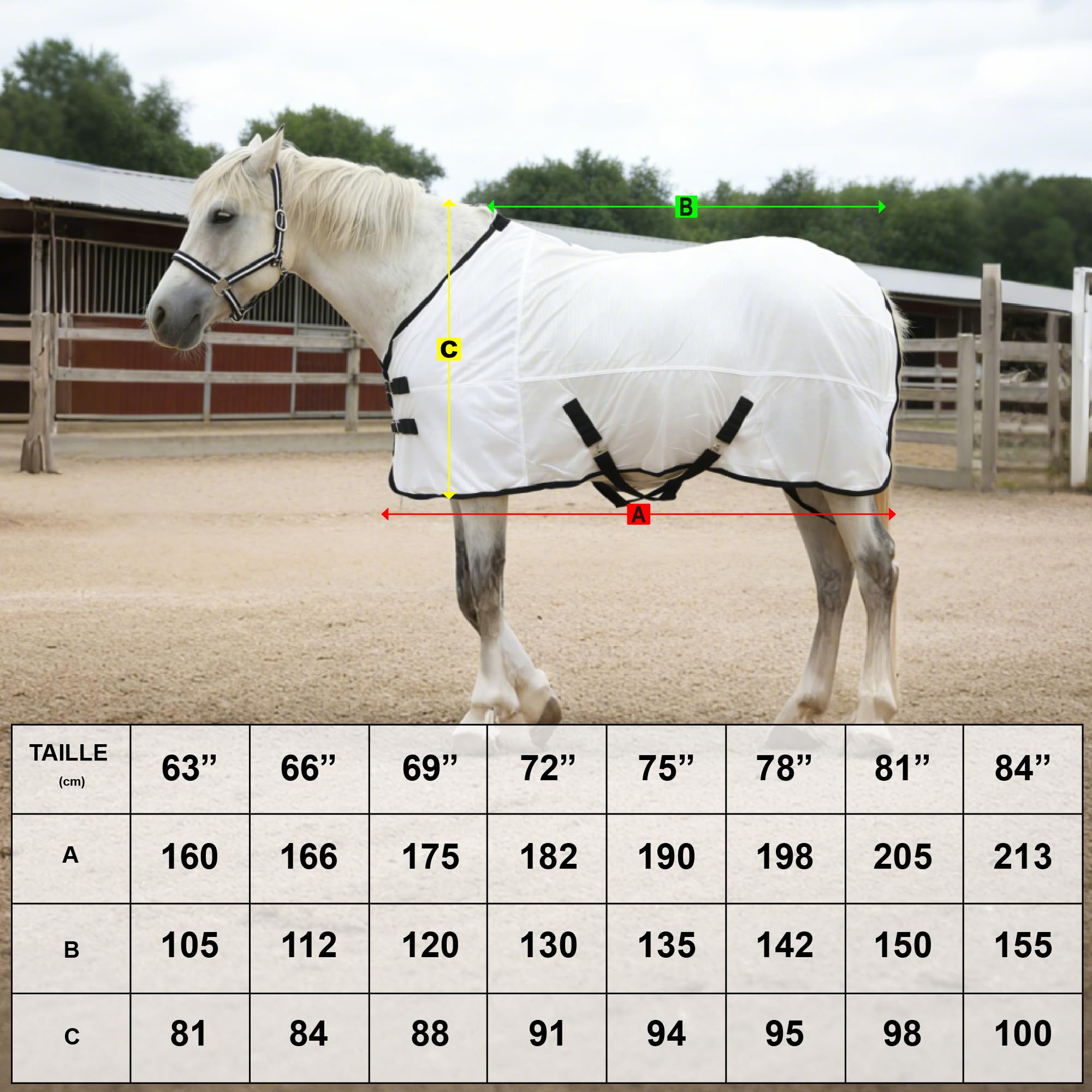 Couverture Anti-Mouches en Maille pour Chevaux, Protection UV, Légère et Respirante, Ajustement Réglable, Encolure Standard, pour l'Été dans Les Paddocks et Les Écuries, Blanc 130cm
