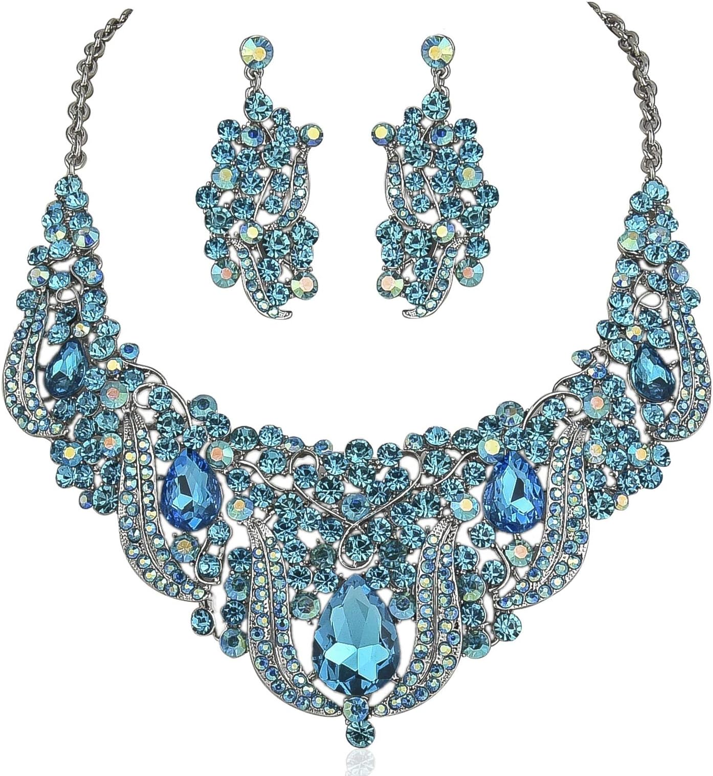 Breathtaking Austrian Rhinestone Bib Necklace Earrings Set Bridal N1623t Teal