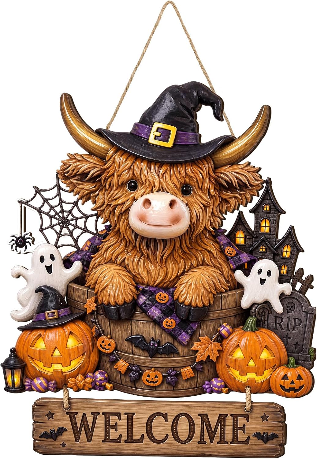 Pinkunn Halloween Highland Cow Door Sign, 14 Inch Wooden Welcome Decor