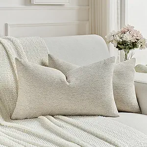 FUTEI Natural Linen Chenille Decorative Throw Pillow Covers 12x20 Inch Set of 2,Soft Cozy Faux Linen Textured Lumbar Pillow Cases,Farmhouse Home Decor for Couch Living Room