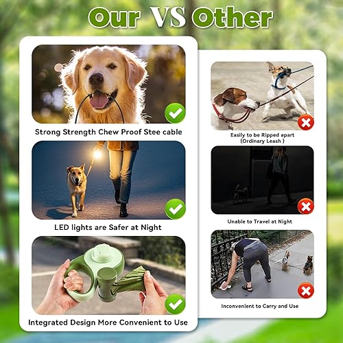 Miniatura 4 de Correa retráctil resistente de 26 pies para perros grandes, correa de perro con soporte para bolsa de excrementos, hasta 100 libras, con luz LED,