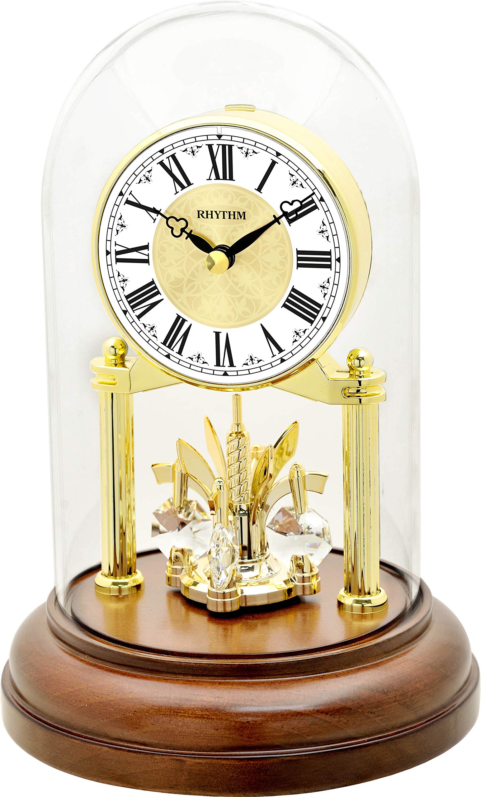 Rhythm Gold Anniversary Mantel Clock Wood Base Glass Dome