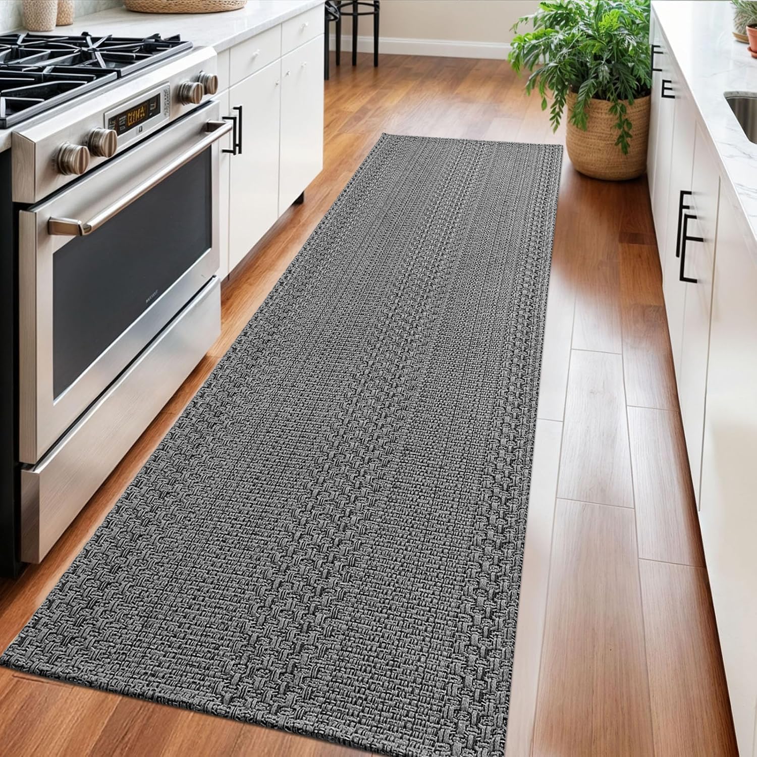 Teppich Läufer 90x240cm, Baumwolle Flur Teppich Absorbierend, Küchenteppich Waschbar Dauerhaft & Antistatisch, Küchenmatte Saugfähig, Waschbare Teppiche für Flur, Eingang, Küche, Grau