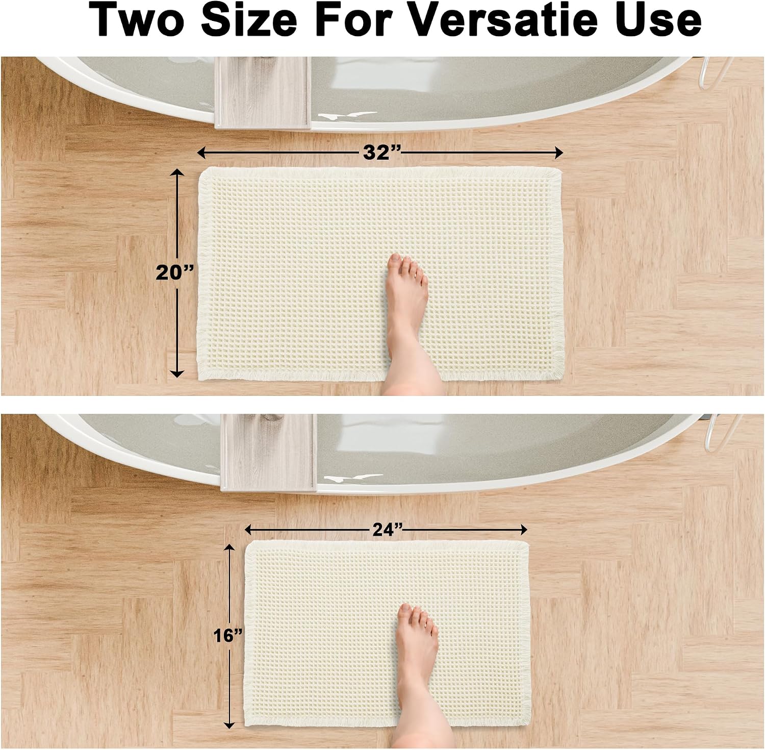 Hiasan Set of 2 Waffle Bath Mat, Super Absorbent Non Slip Bathroom Boho Rug with Tassels, Machine Washable Bath Mats for Bathroom, Ultra Soft Rubber Backed Rug, White, 16" x 24" + 20" x 32"