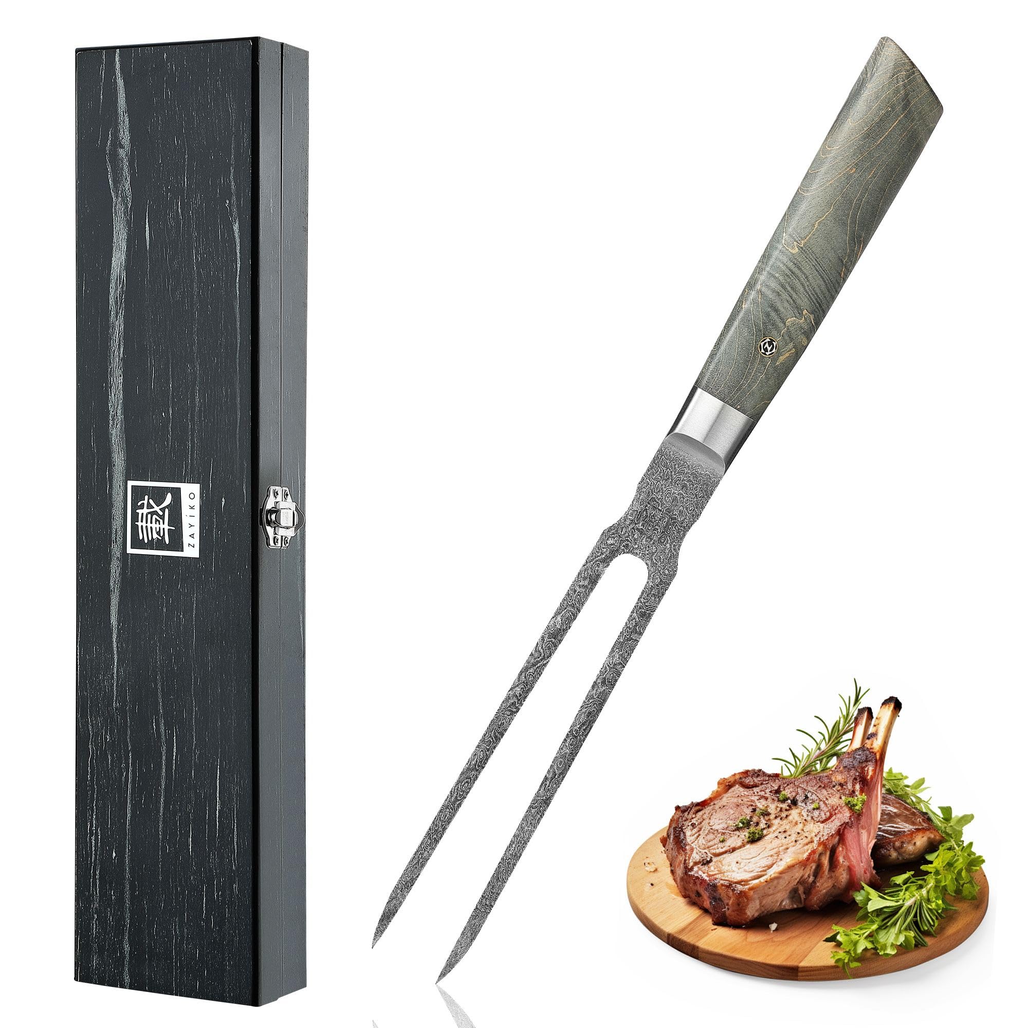 Zayiko Professional Series Damast Tranchiergabel 31 cm mit Ahornholzgriff | Fleisch- und Grillgabel mit 2 langen Zinken; 67 Lagen Damaststahl mit VG-10-Kern, für Braten und Grillgut, inklusive Holzbox.