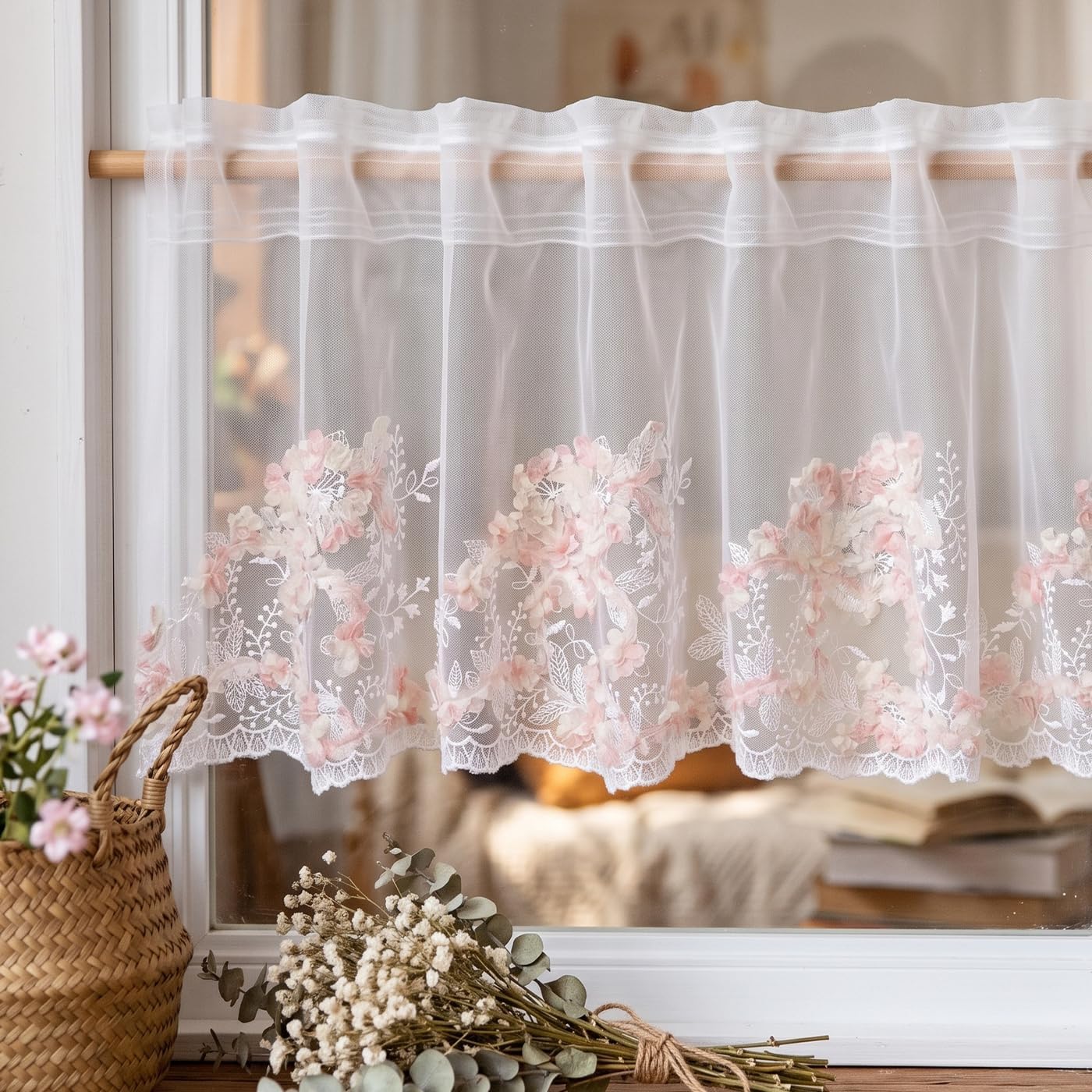 White Sheer Valance Pink 3D Floral Embroidered Lace Shabby Chic 1PC 52Wx18L