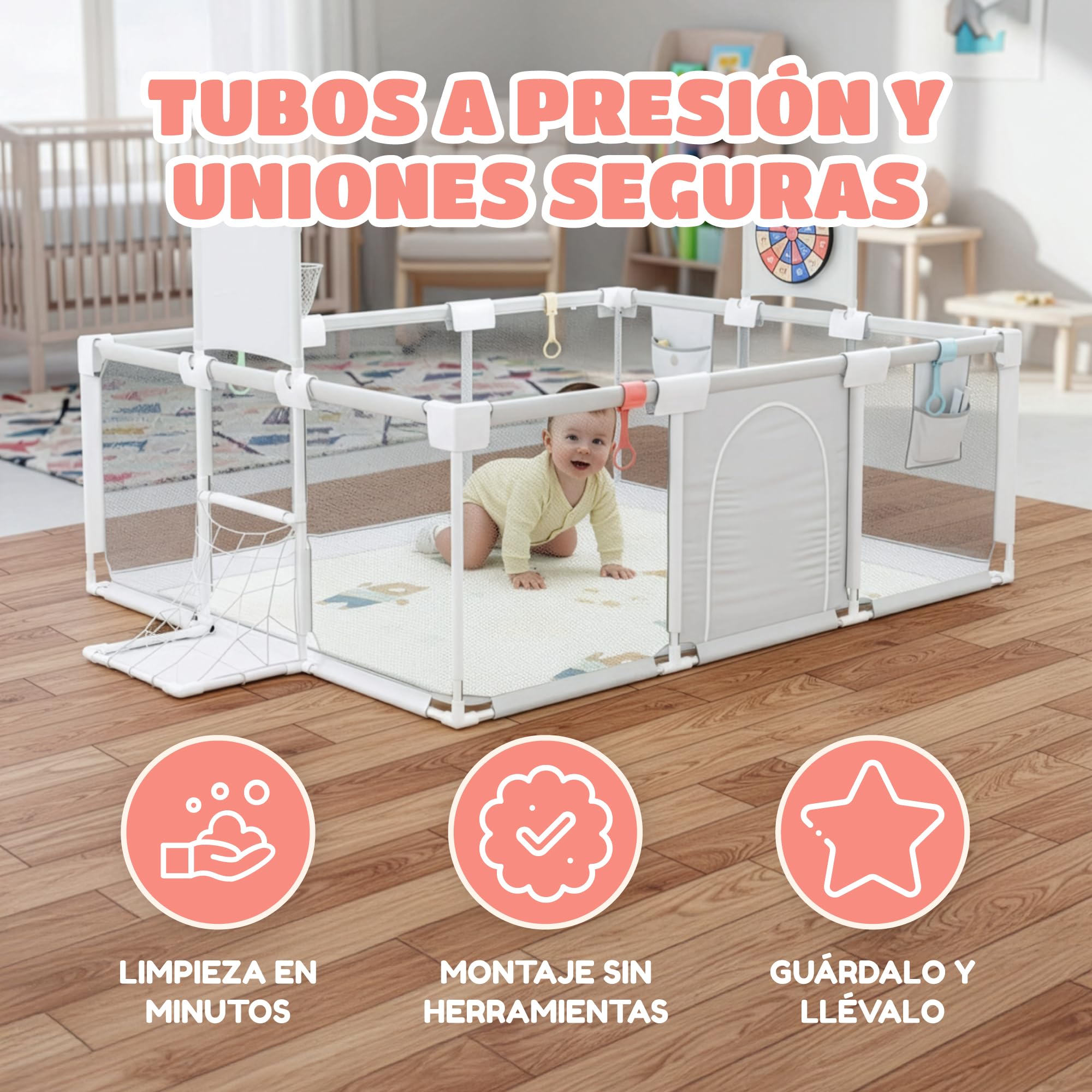 Parque Infantil Bebe 120x180cm - Corralito Bebe Acolchado - Equipado con alfombra musical, Diana de Velcro, Canasta, Portería y más accesorios - Parque para Bebes Seguro - Ver video para el montaje
